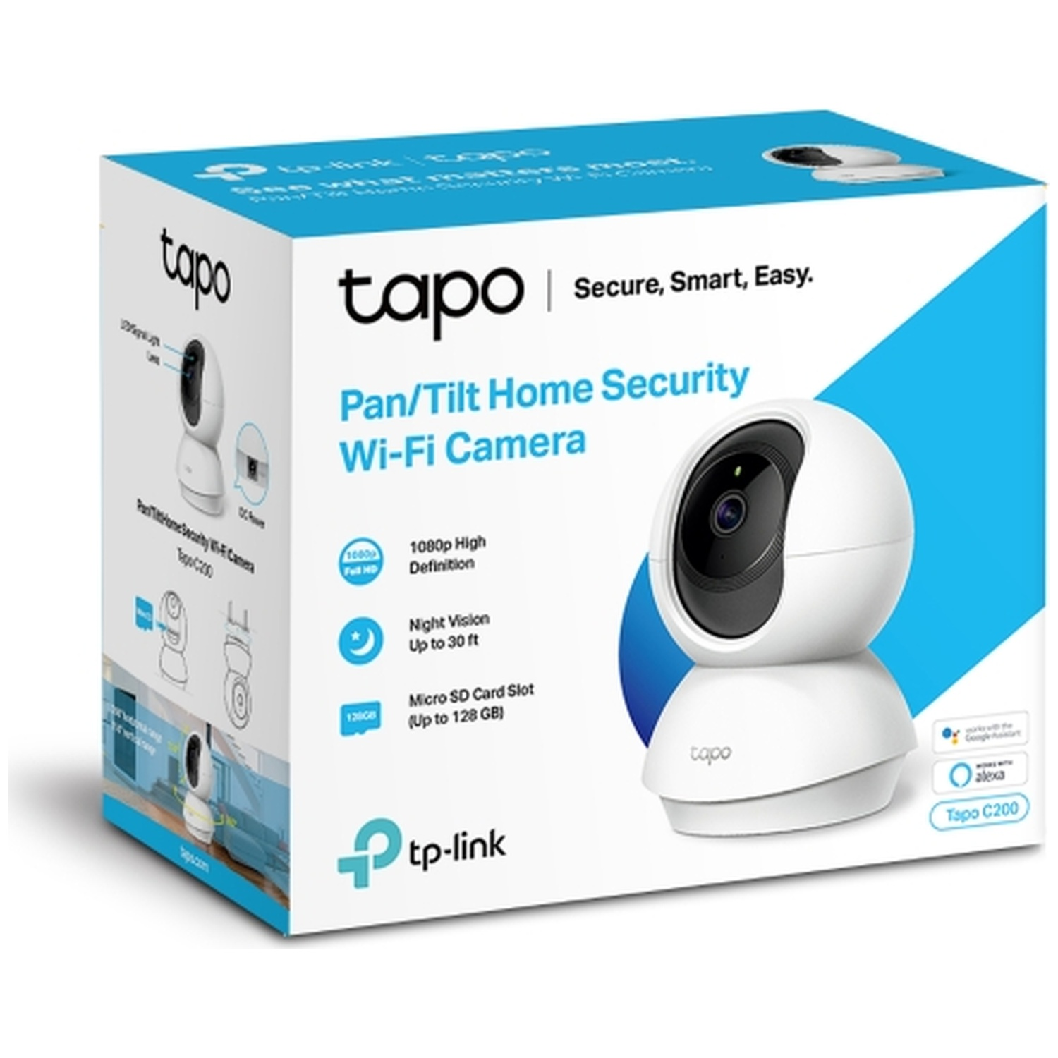 Boîte d'emballage de la caméra de sécurité Wi-Fi blanche TP-Link Tapo C200 avec caractéristiques.