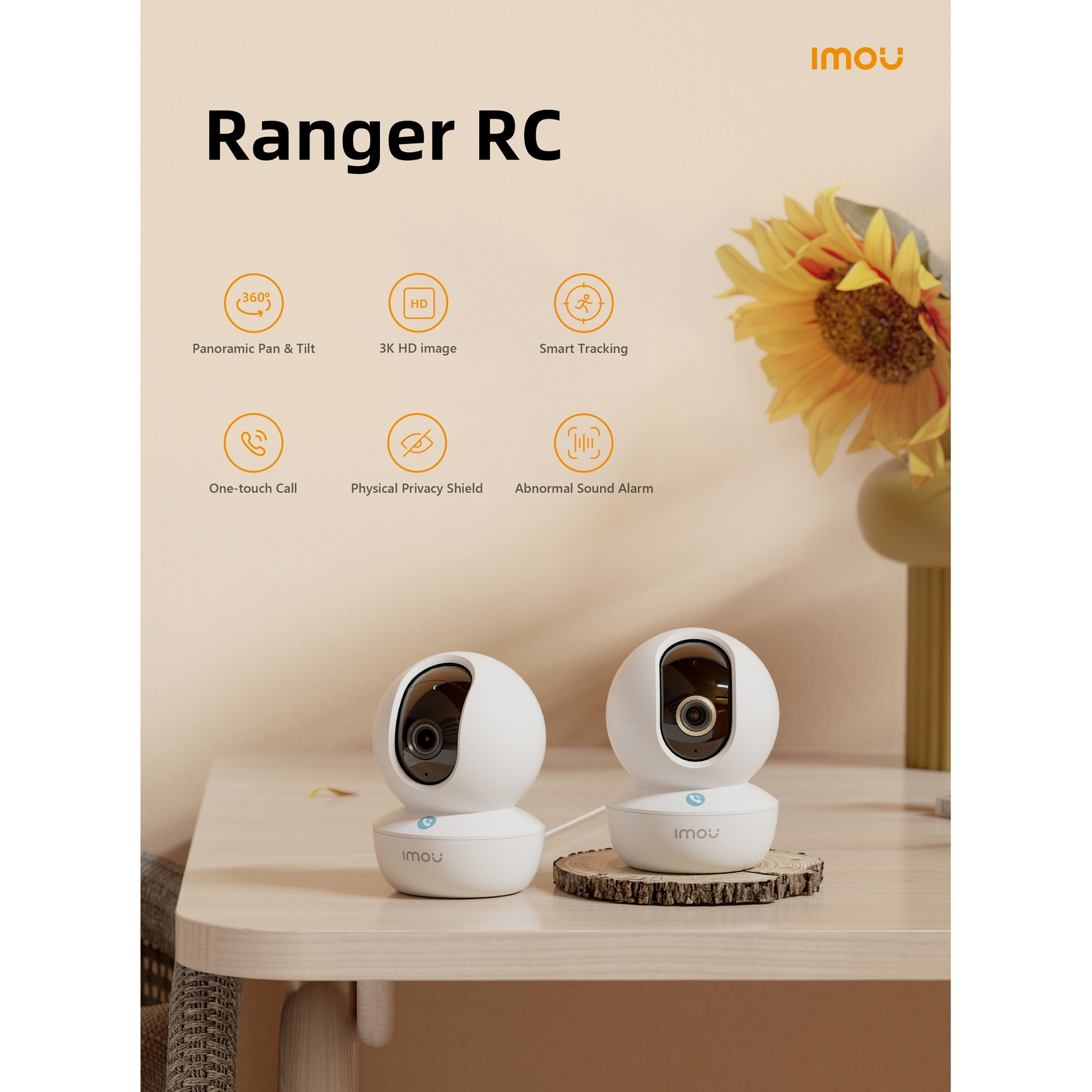 Deux caméras de sécurité blanches Imou Ranger RC sur une table avec des icônes de fonctionnalités et un tournesol.