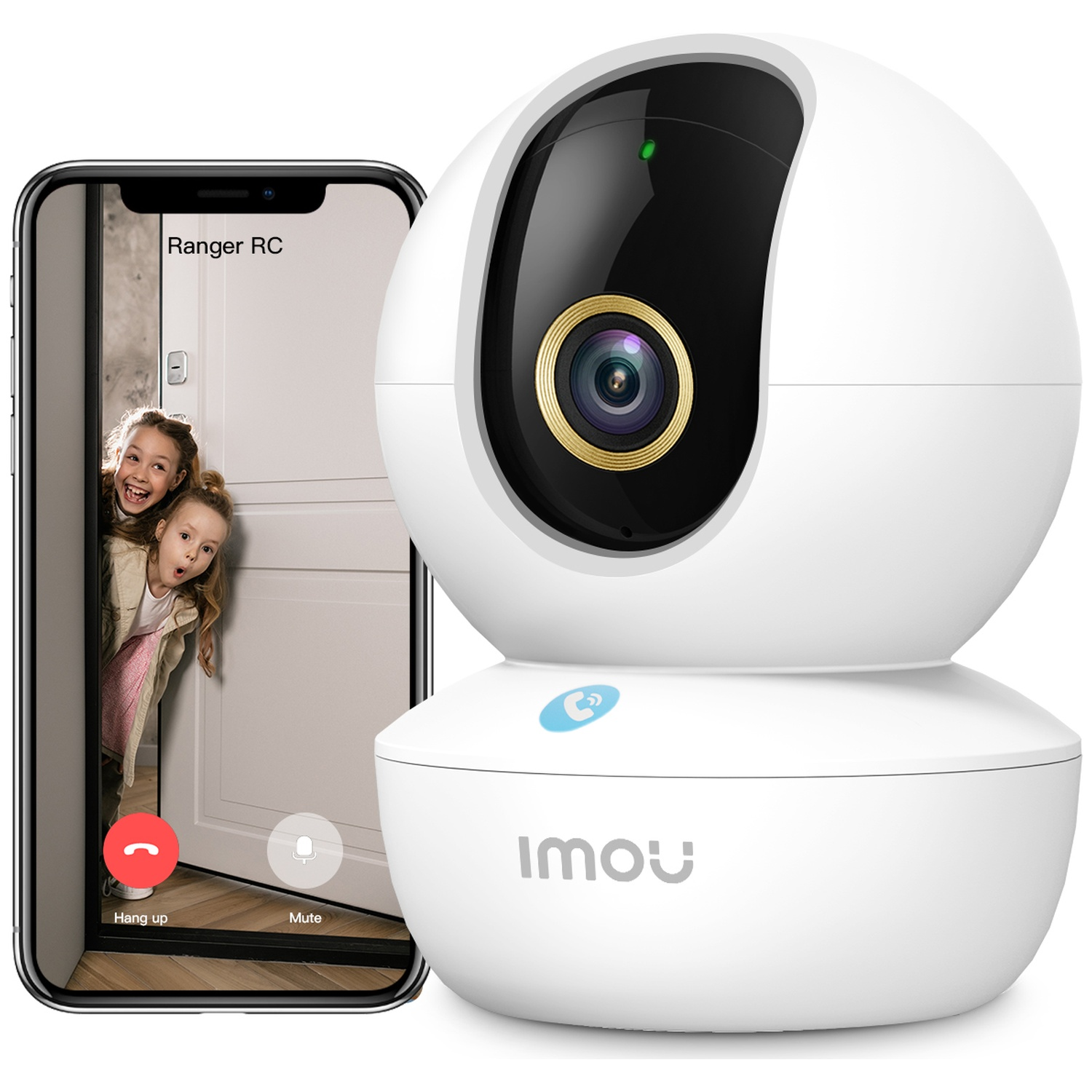Caméra de sécurité Imou blanche à côté d'un smartphone affichant un appel vidéo avec deux enfants.