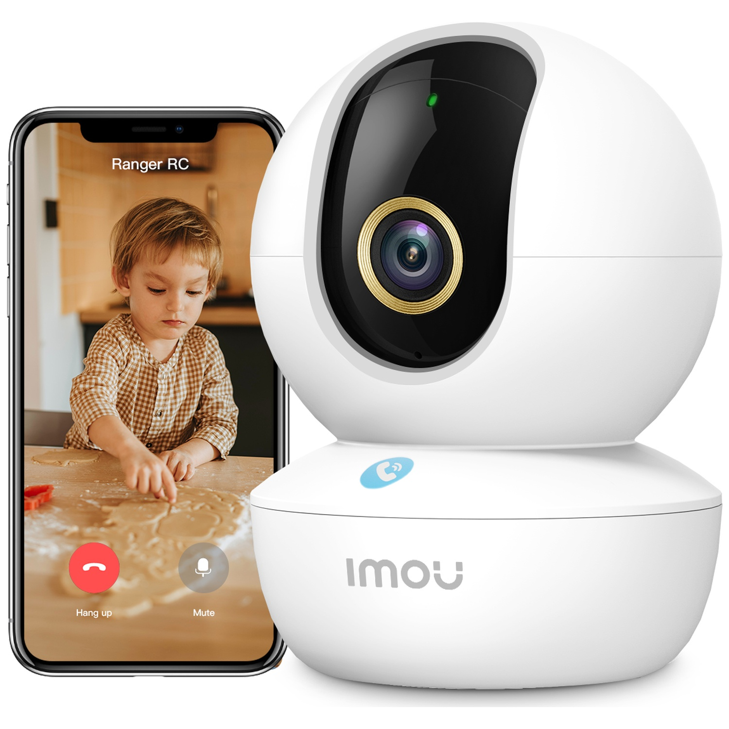 Caméra de sécurité Imou blanche à côté d'un smartphone affichant un enfant qui joue.