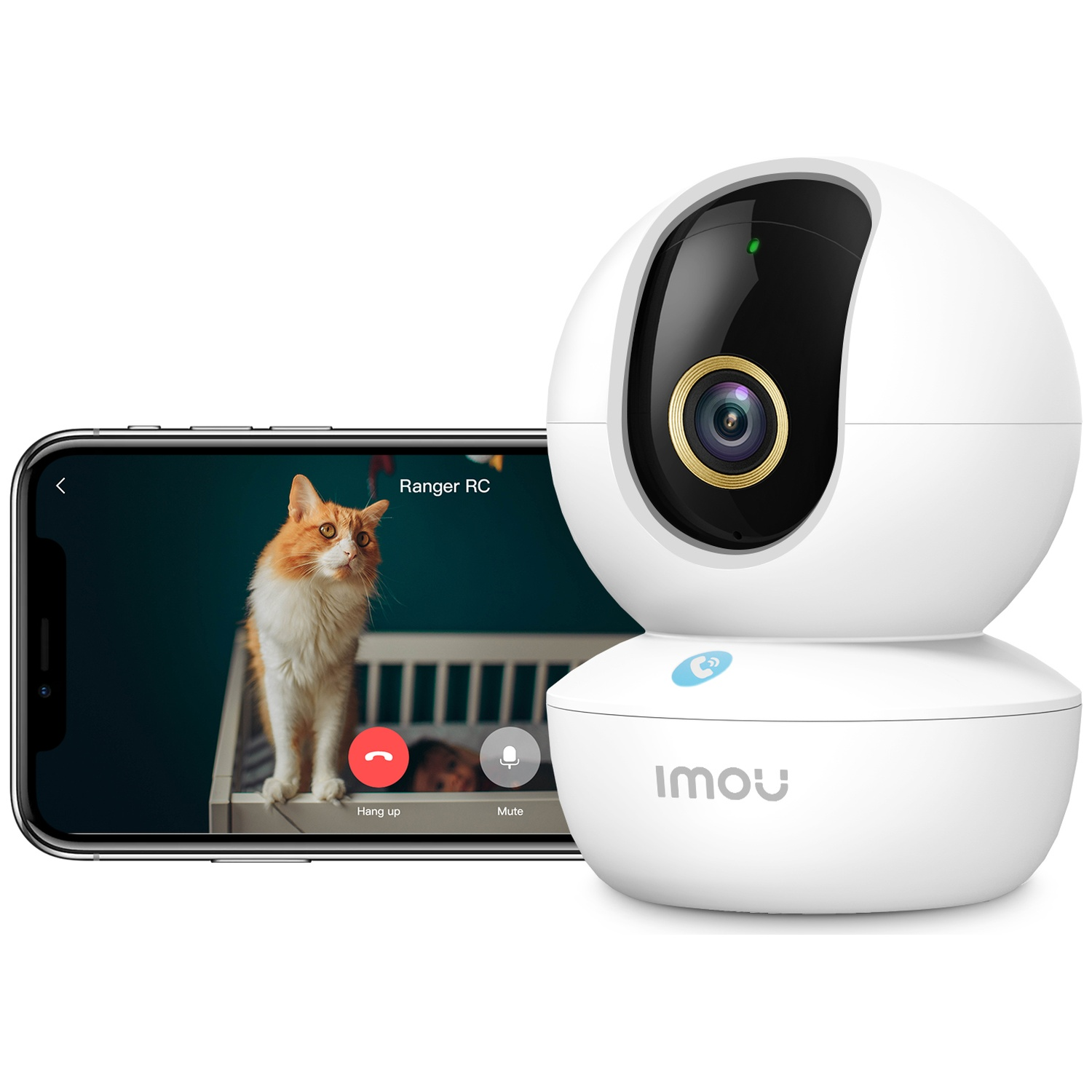 Une caméra de sécurité blanche Imou et un smartphone affichant un chat en direct.