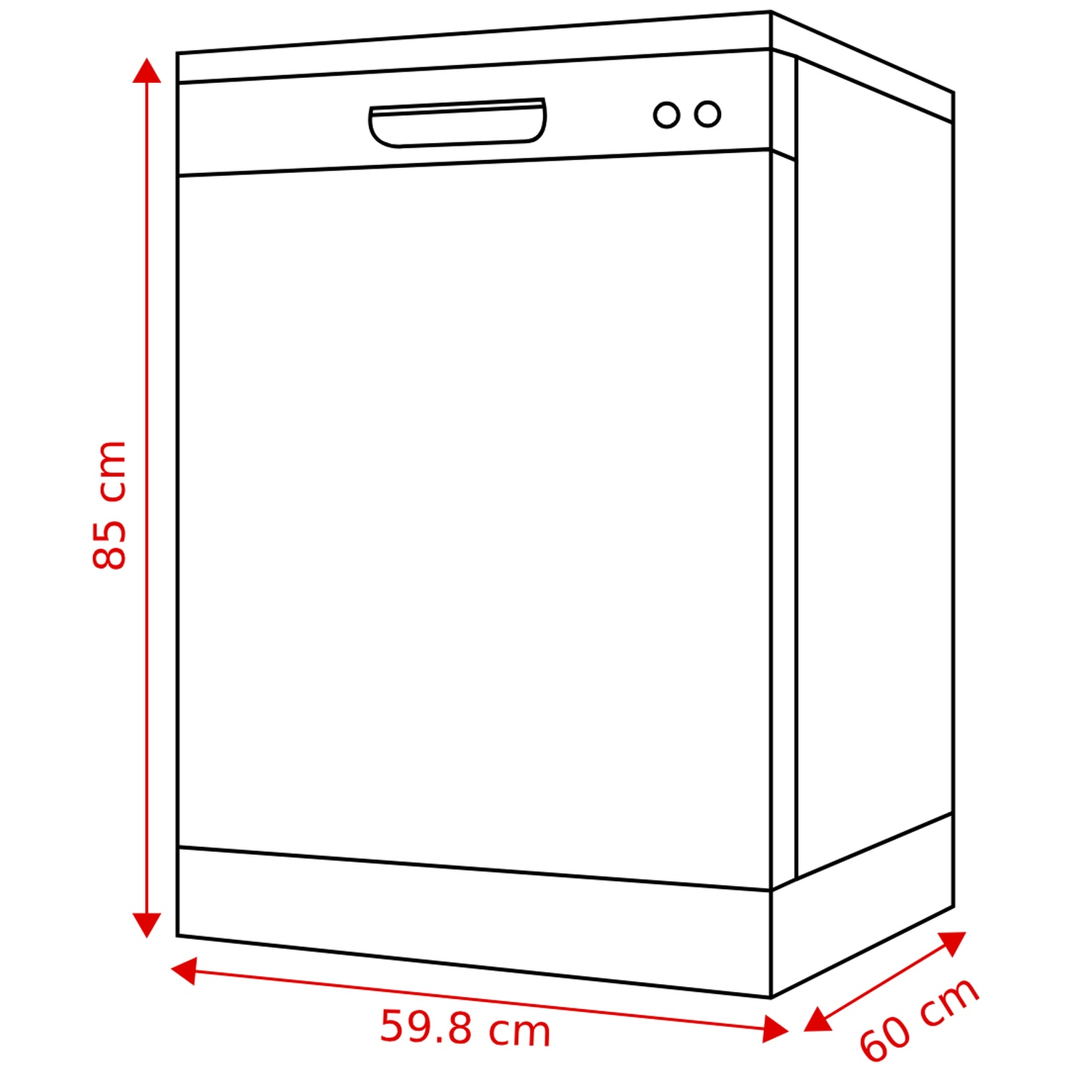 Lijntekening van een vaatwasser met afmetingen: hoogte 85 cm, breedte 59,8 cm, diepte 60 cm.