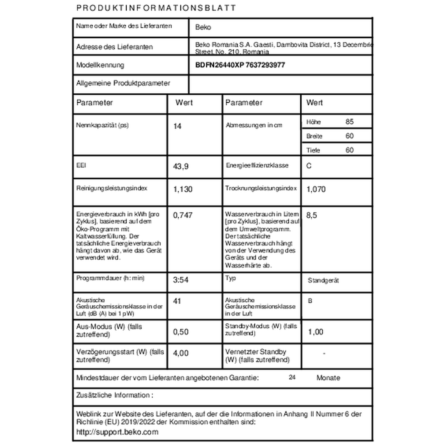 Productinformatieblad voor een huishoudelijk apparaat met technische parameters in een tabel.