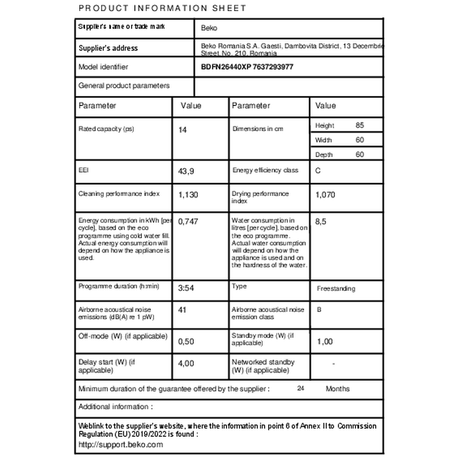 Productinformatieblad met technische parameters en waarden voor een Beko-apparaat.