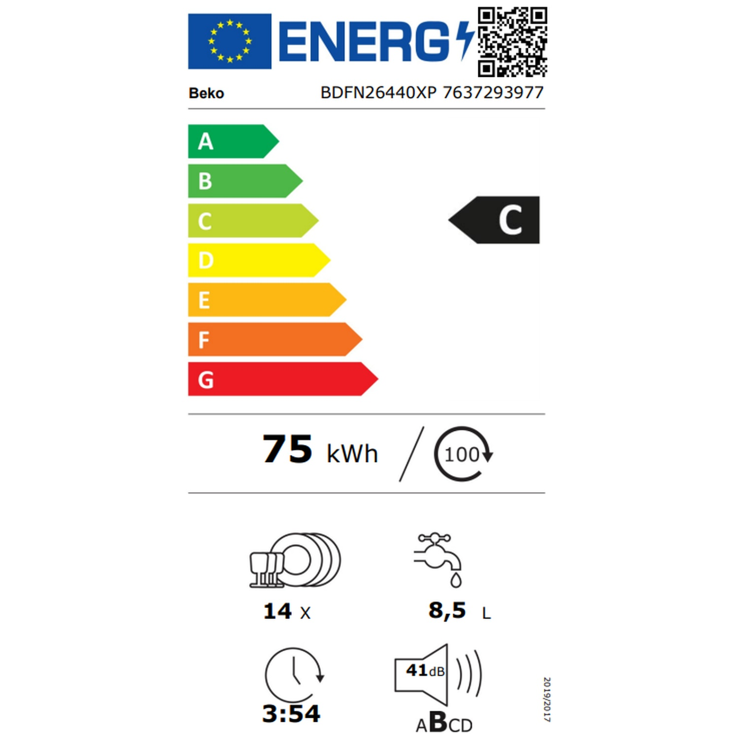 Beko vaatwasser energielabel met C-klasse, 75 kWh per 100 cycli, 14 couverts, 8,5 liter en 41 dB.