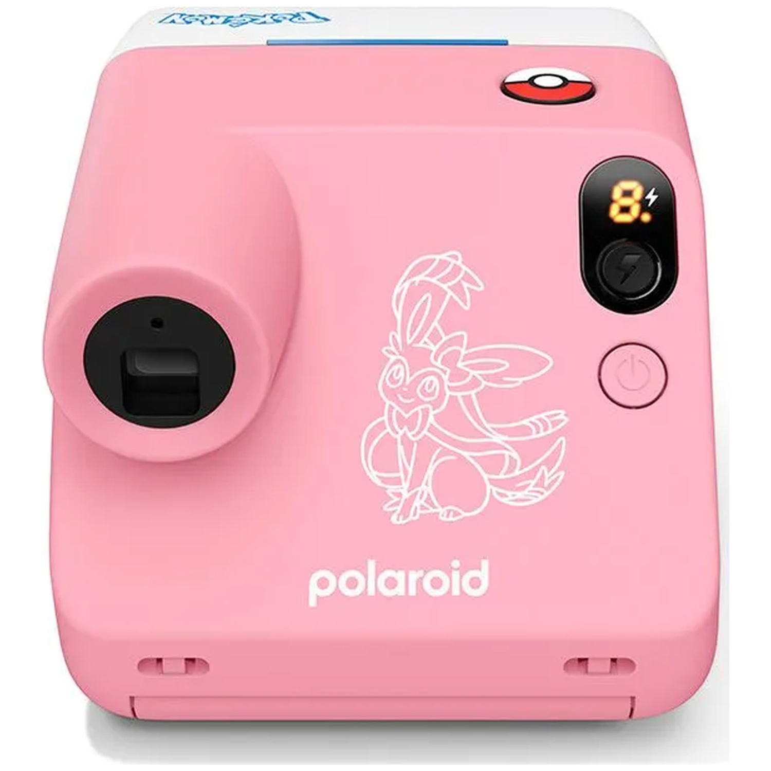 Un appareil photo Polaroid rose avec le contour blanc de Sylveon, un compteur numérique à huit et le logo Polaroid.