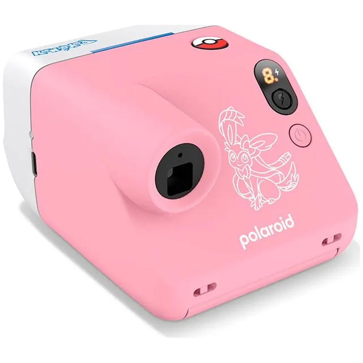 Appareil photo Polaroid rose avec un thème Pokémon et un graphique Sylveon.