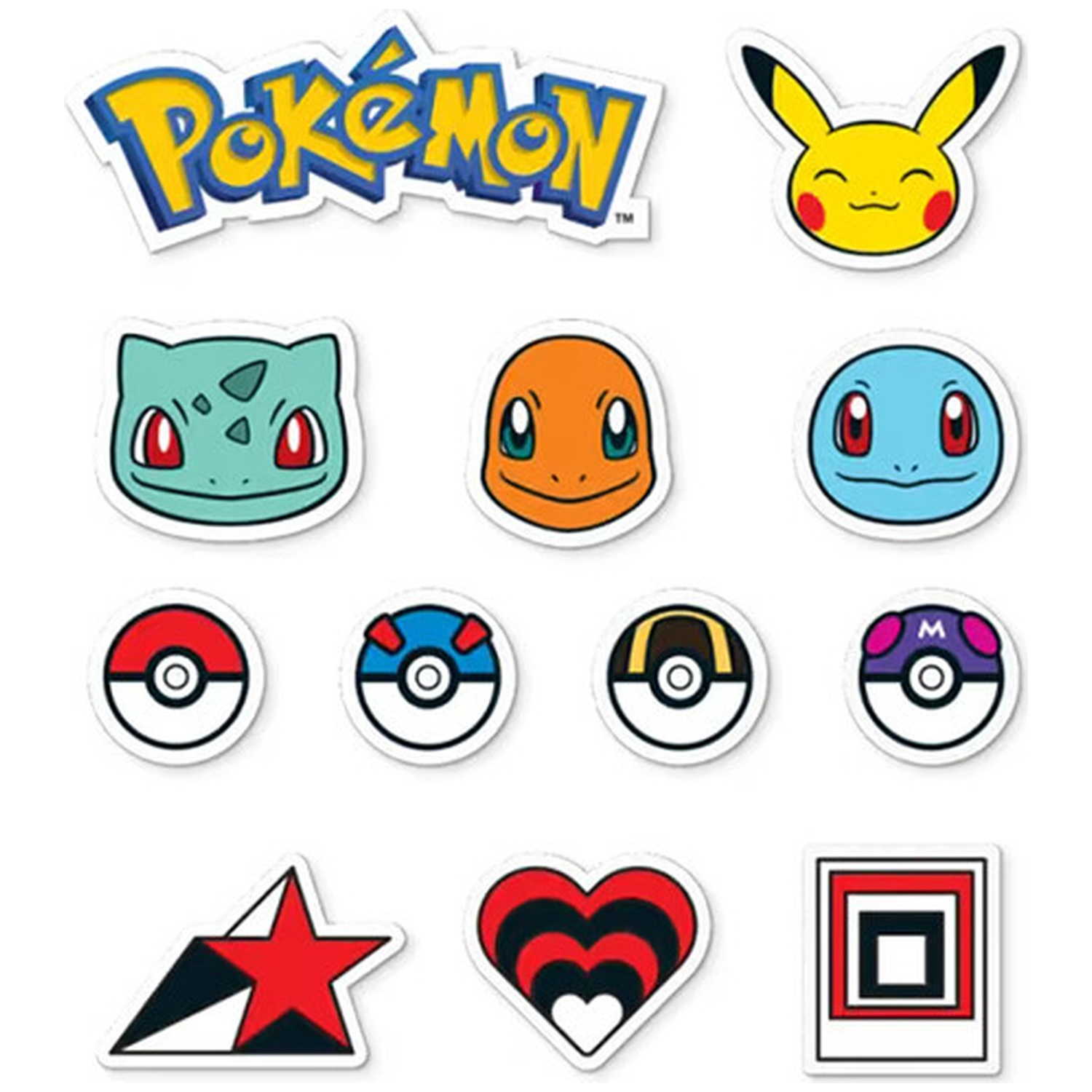 Pokémon logo, characters like Pikachu, and Pokeballs as stickers.