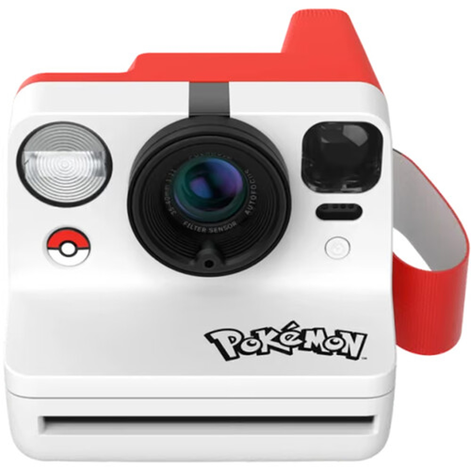 A white and red Pokemon instant camera with lens, flash, and red strap.