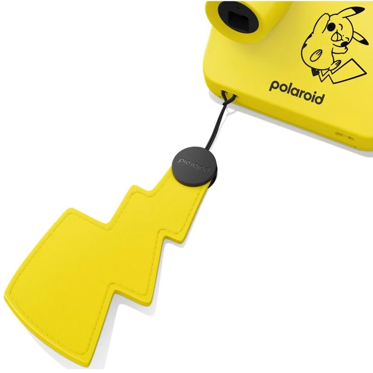 Appareil photo Polaroid jaune avec design Pikachu et dragonne en forme d'éclair sur fond blanc.