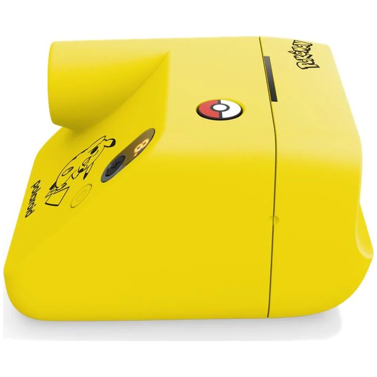 Un appareil photo Polaroid jaune Pokemon avec un graphique Pikachu et un déclencheur Poke Ball sur fond blanc.