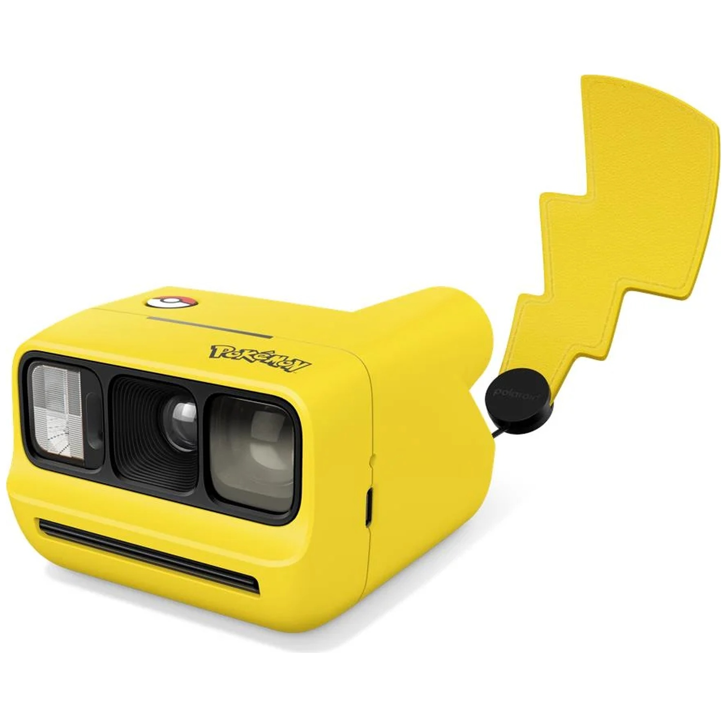 Appareil photo instantané Polaroid jaune sur le thème de Pokémon avec flash et lanière éclair sur fond blanc.
