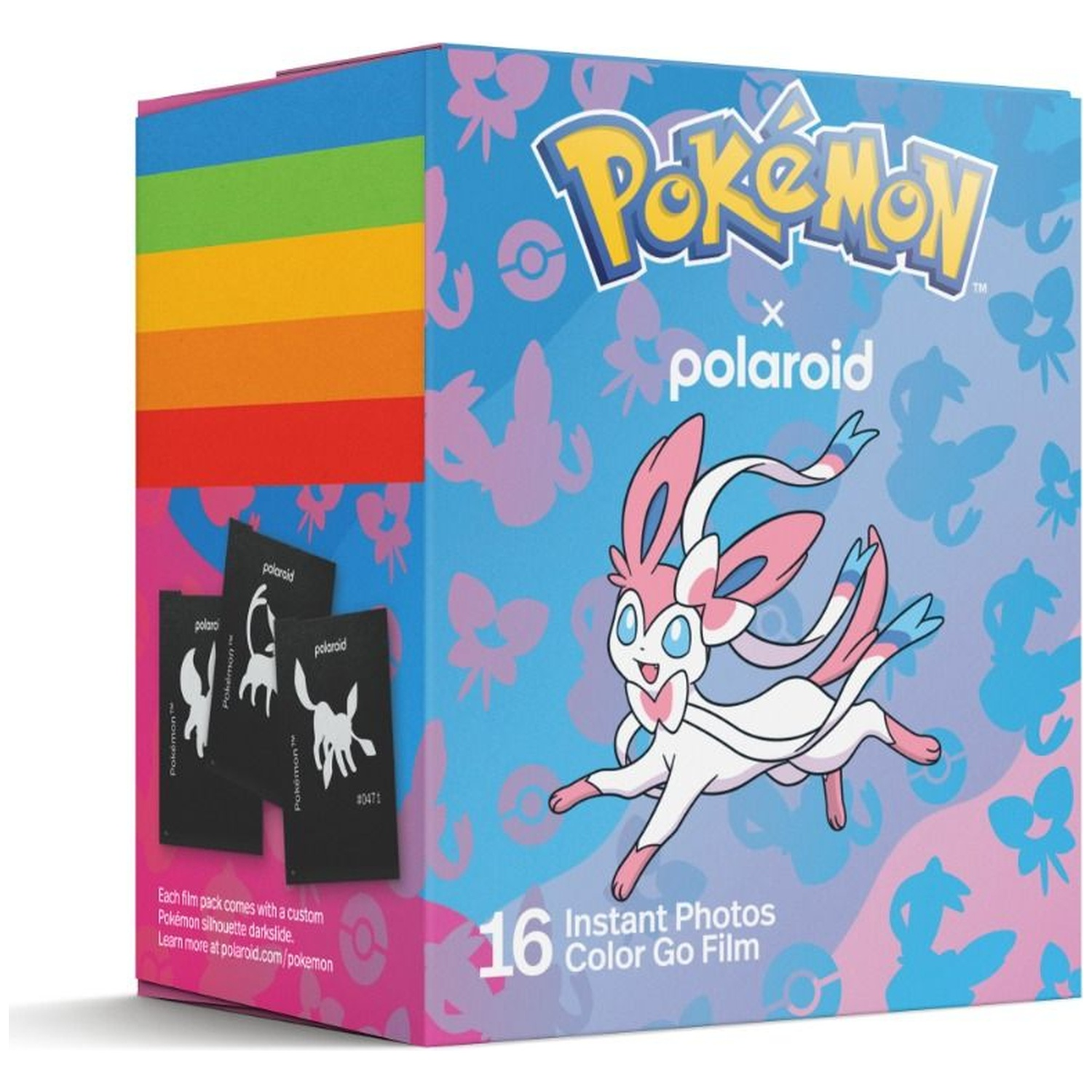 Une boîte de film colorée Pokemon x Polaroid avec Sylveon et du texte de 16 photos instantanées.