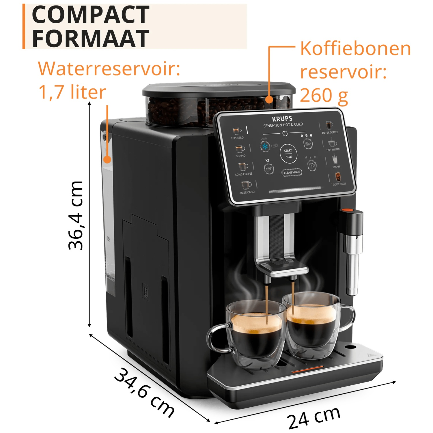 Une machine à café Krups noire versant du café dans deux tasses en verre, avec dimensions et étiquettes.