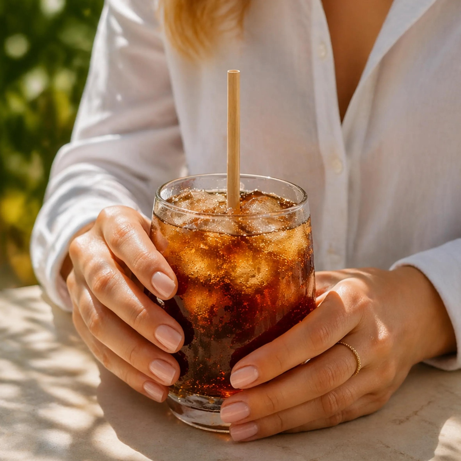Une personne en chemise blanche tient un verre de cola glacé avec une paille.
