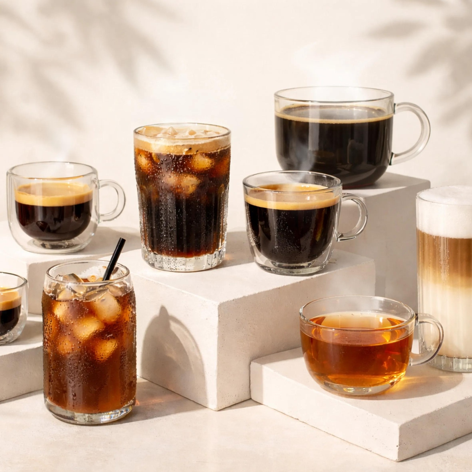 Diverses tasses et verres en verre remplis de café, café glacé, thé et latte sur des socles blancs.