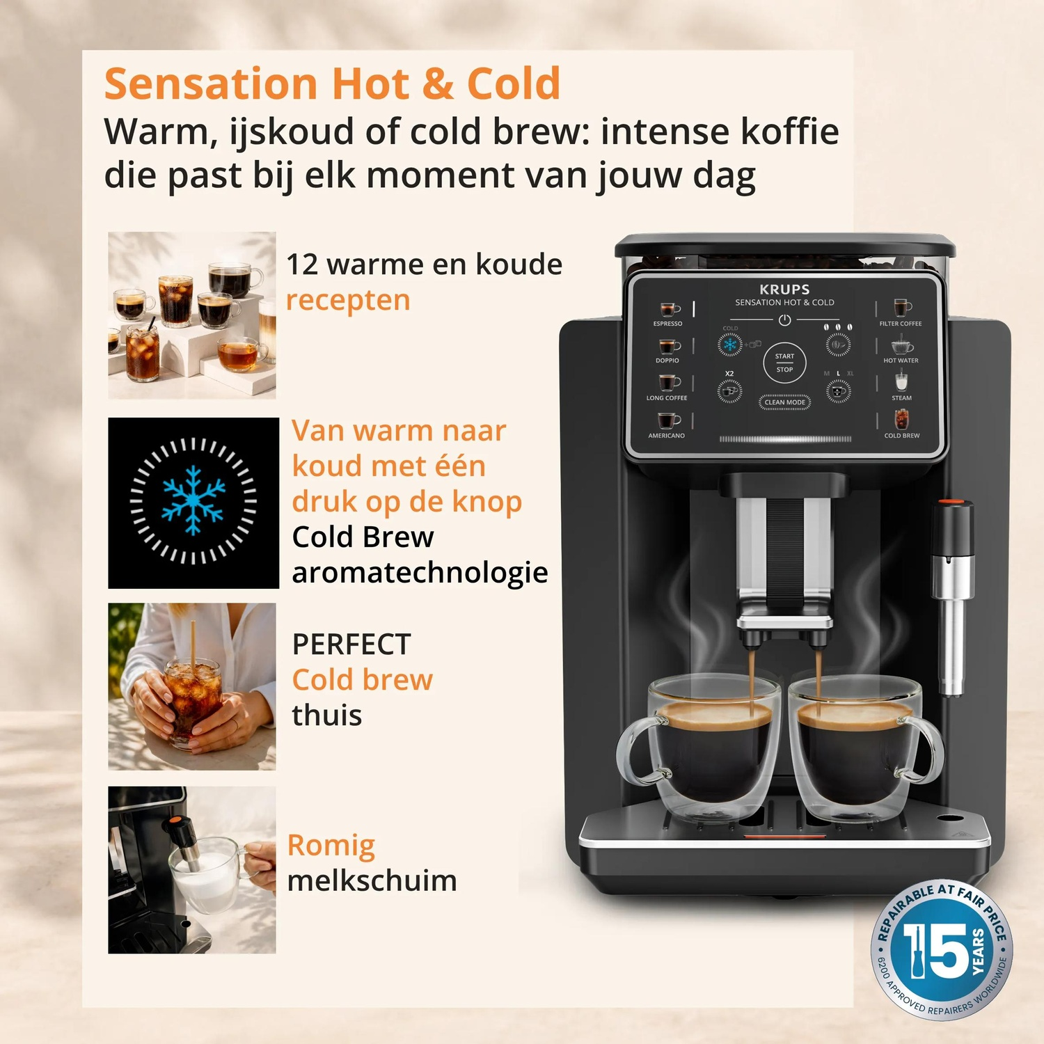 Cafetière noire Krups Sensation Hot & Cold avec deux tasses de café frais et des images de produits explicatives.