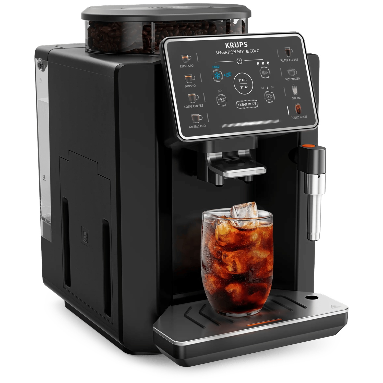 Cafetière noire Krups Sensation avec des grains de café sur le dessus et un verre de café glacé sur le plateau.