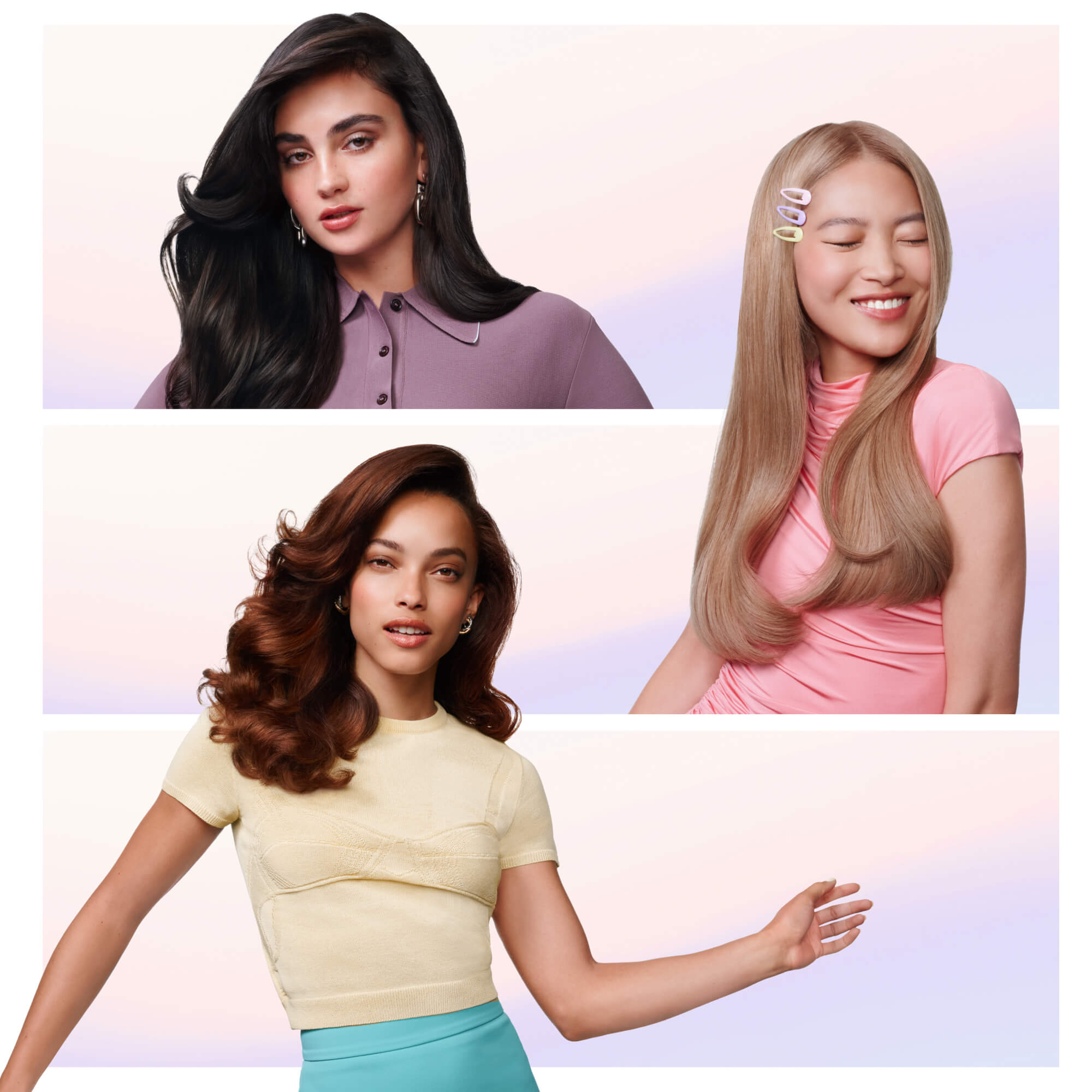 Tres mujeres con diferentes peinados y ropa colorida muestran cabello brillante sobre un fondo claro.