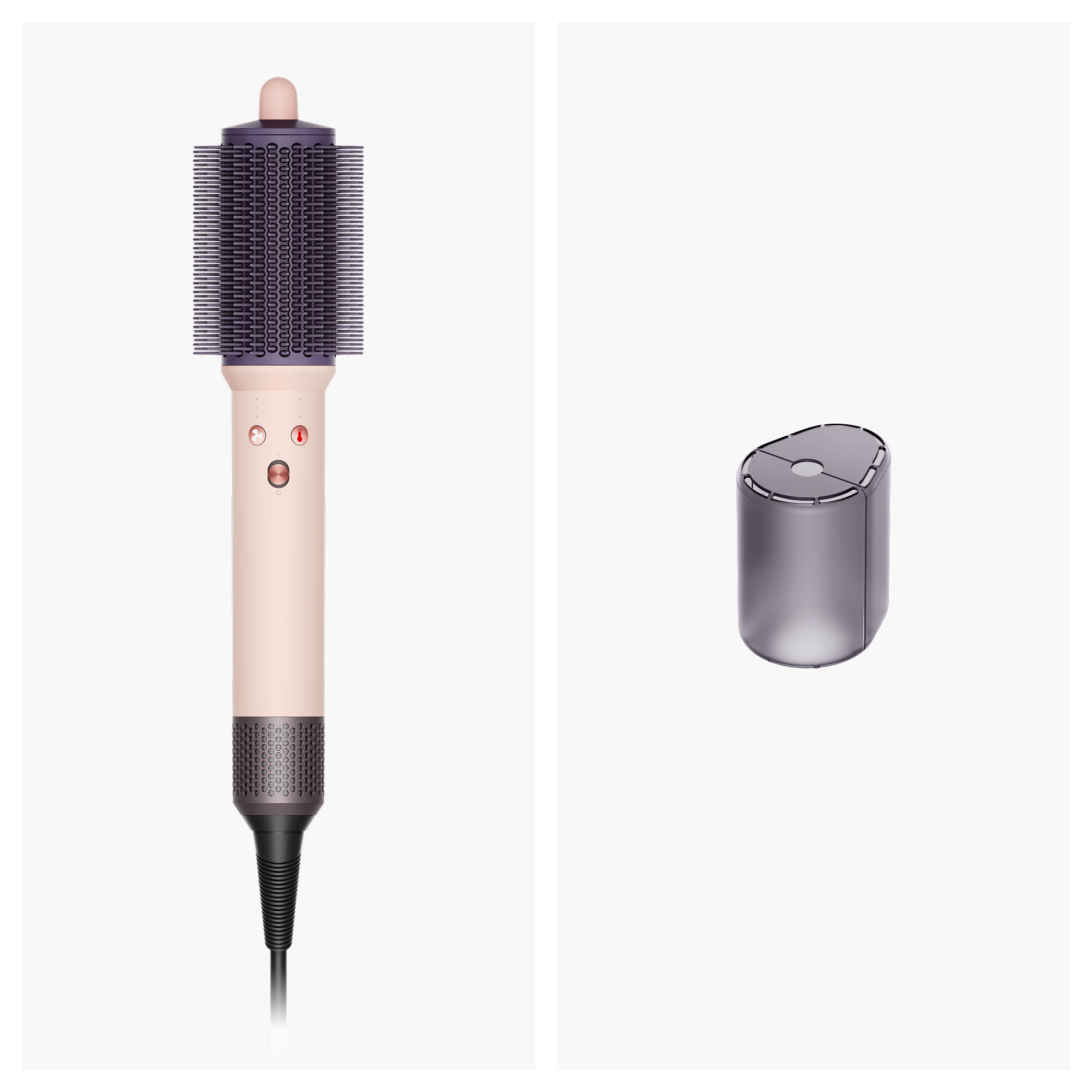Un secador de pelo rosa con un cepillo redondo morado y un accesorio gris separado sobre fondo blanco.