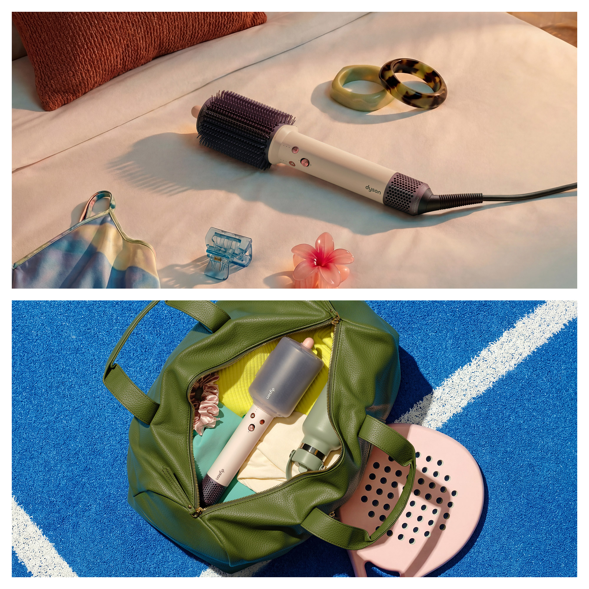 Herramientas de peinado como un moldeador y accesorios en una cama y en un bolso verde.