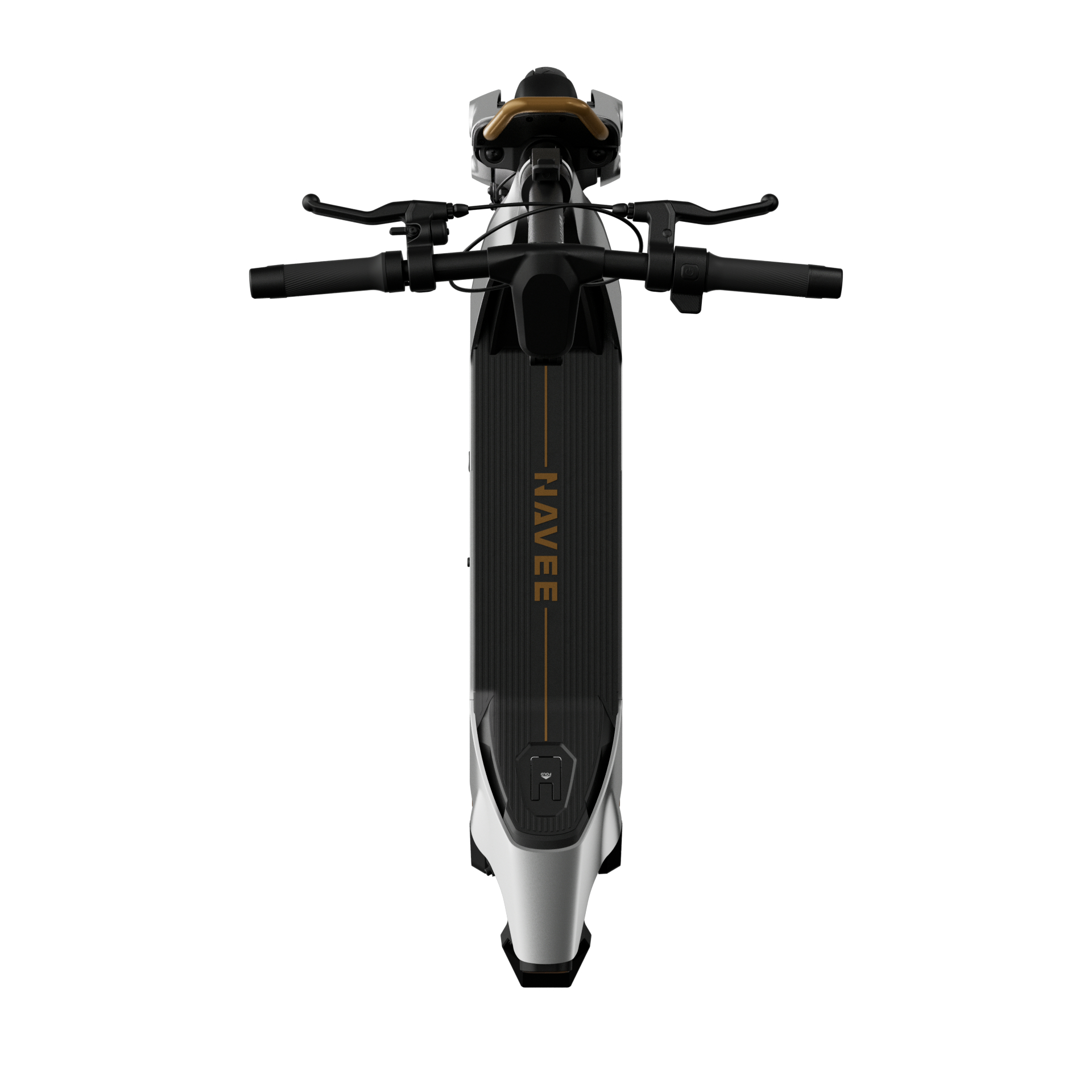 Draufsicht eines schwarz-silbernen Navee E-Scooters mit Trittbrett, Markenlogo und Lenker.