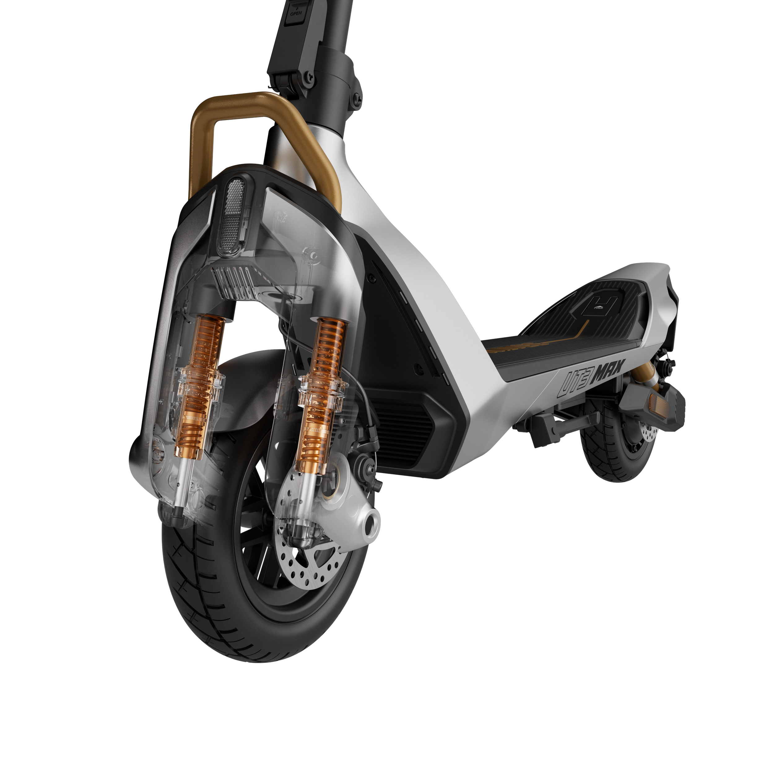 Moderne Elektrische Tretroller mit transparenter Federgabel und goldenen Akzenten auf weißem Hintergrund.