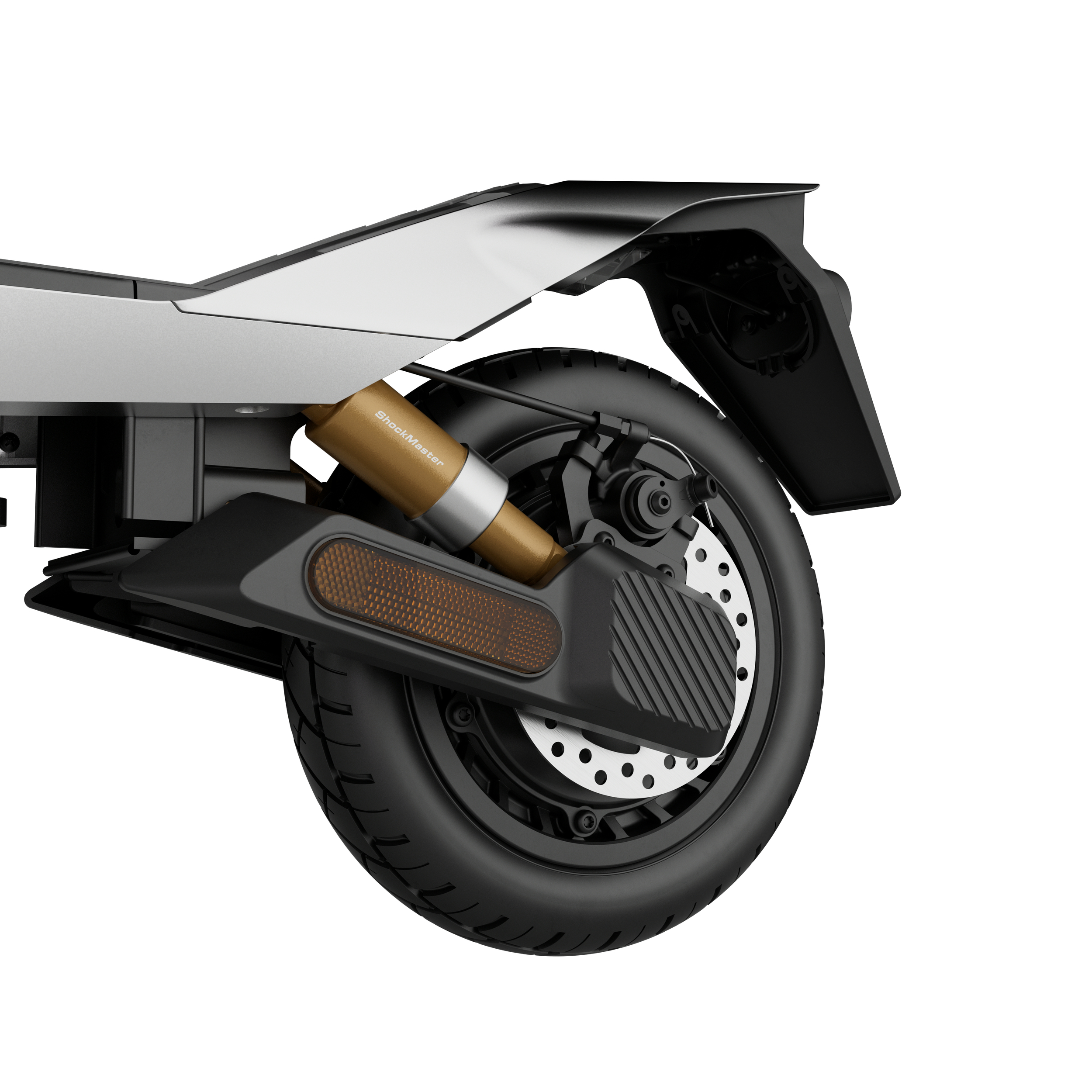 Nahaufnahme des Hinterrads eines E-Scooters mit goldenem Stoßdämpfer, Scheibenbremse und Schutzblech vor weißem Hintergrund.