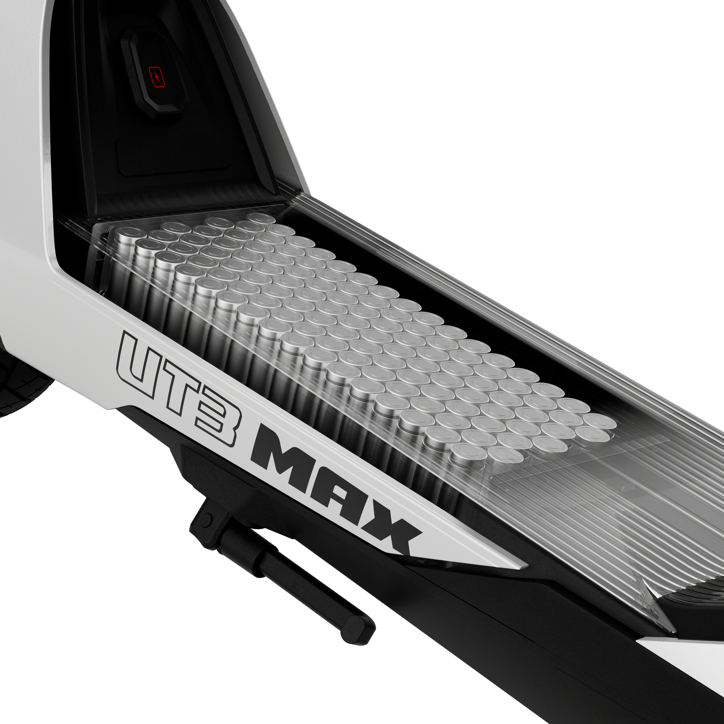 Ansicht des UT3 MAX E-Scooters mit freiliegenden zylindrischen Batteriezellen im Deck.