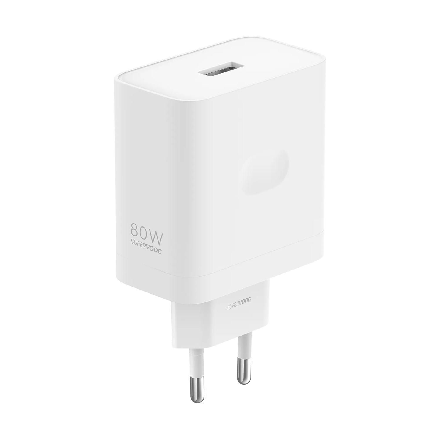 Un alimentatore bianco da 80W SuperVOOC con spina europea su sfondo bianco.