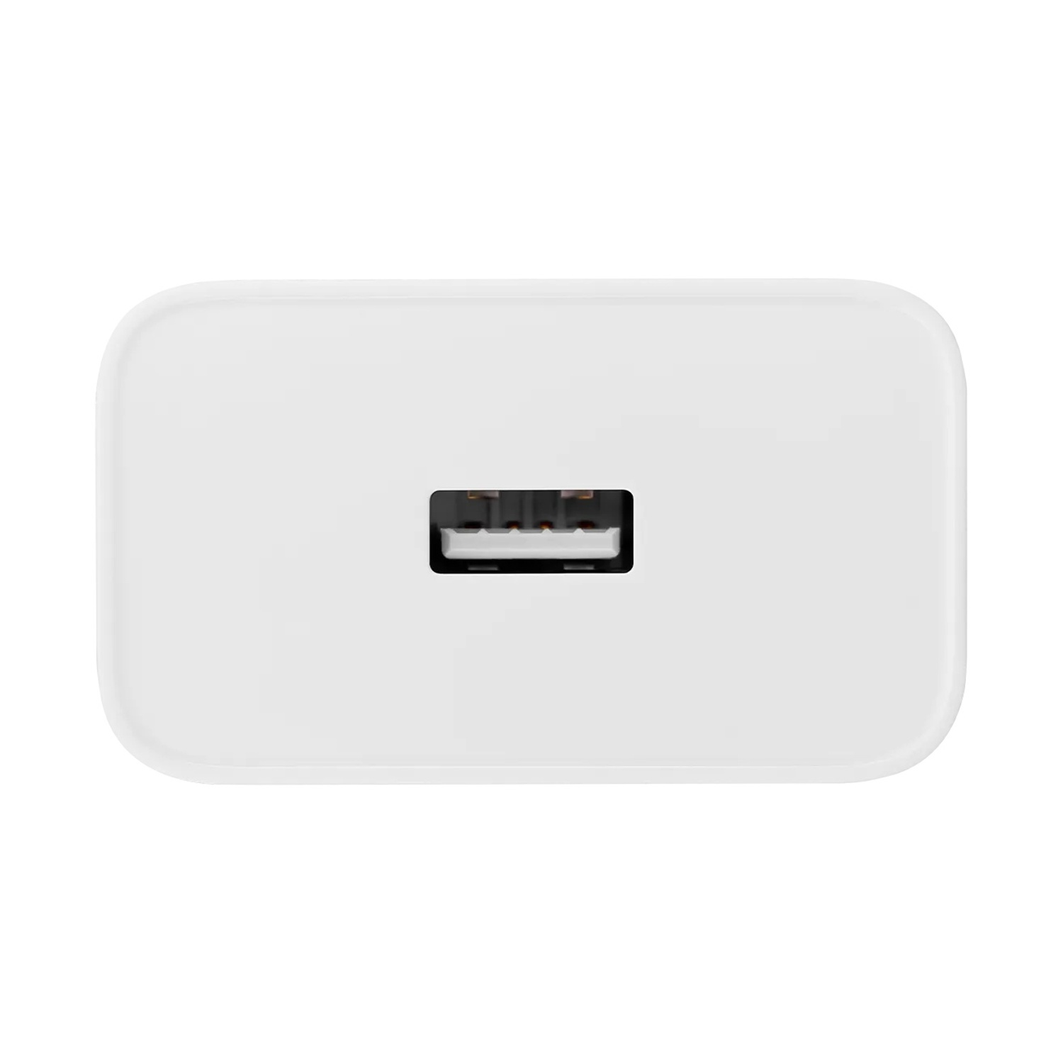 Caricabatterie da muro USB bianco visto frontalmente, con una singola porta USB centrata su sfondo neutro.