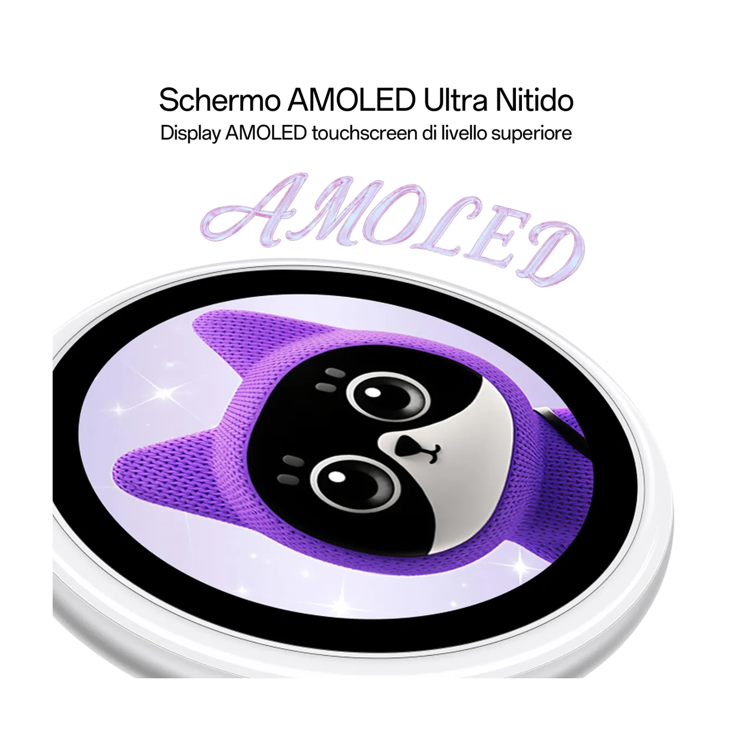 Uno schermo AMOLED rotondo mostra un gatto viola lavorato a maglia su sfondo chiaro.