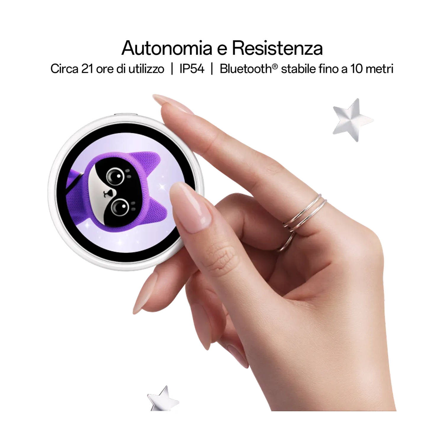 Una mano regge un dispositivo rotondo bianco con un gatto stilizzato sullo schermo.