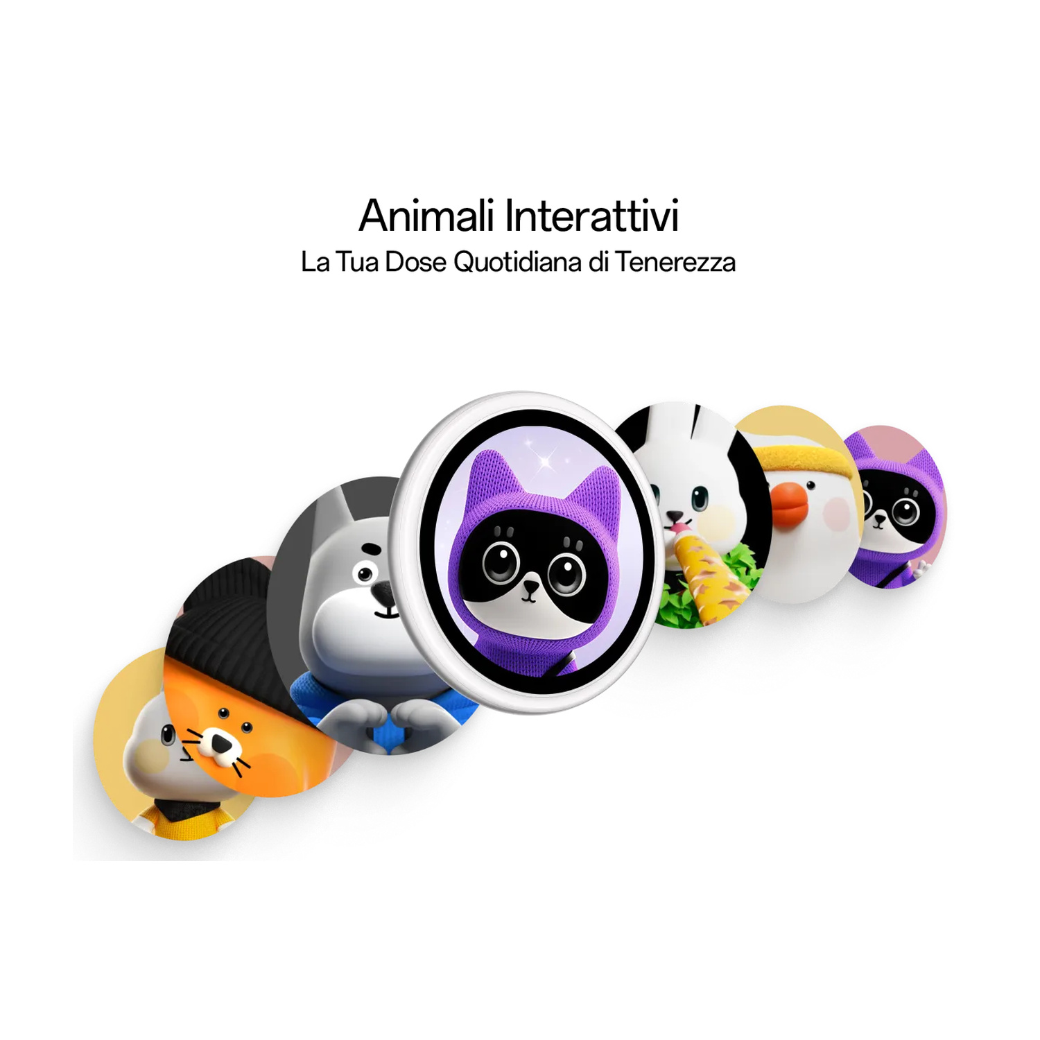 Un annuncio di animali interattivi con un gatto viola al centro e altri simpatici personaggi.