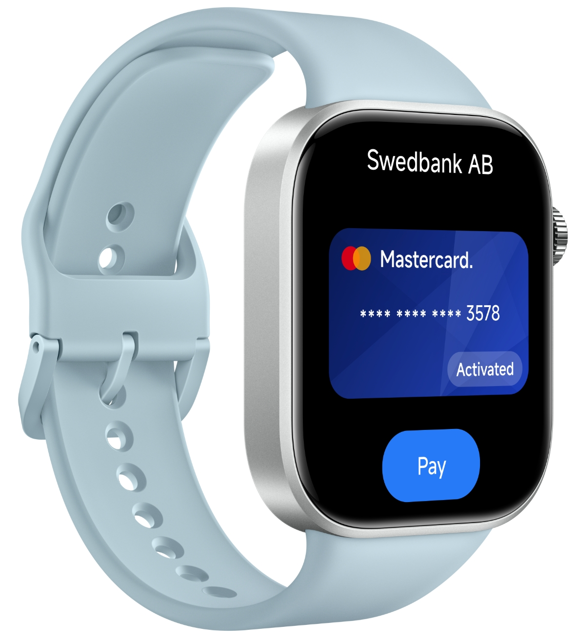 Swedbank AB ve Öde düğmesi içeren Mastercard ödeme ekranını gösteren açık mavi bir akıllı saat.