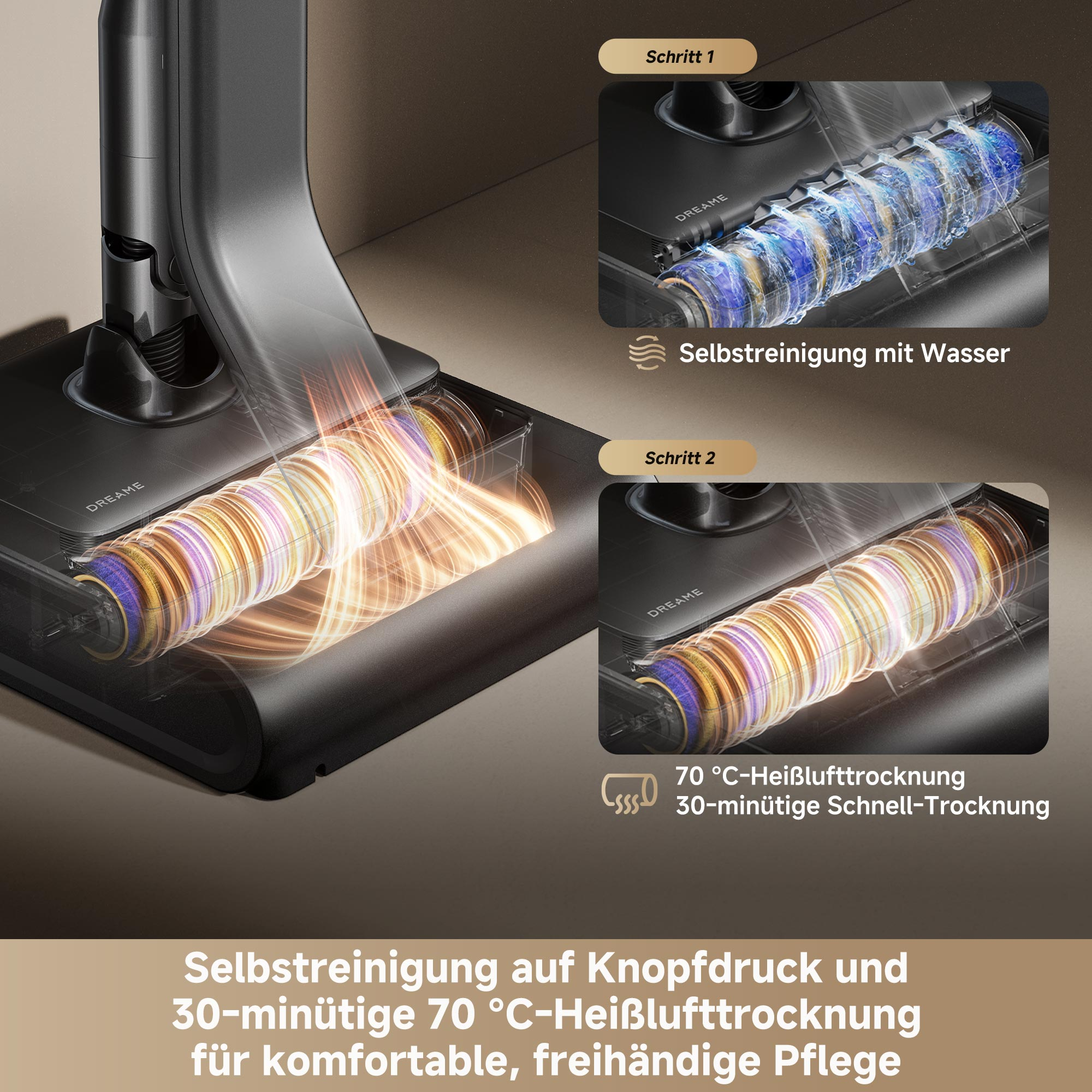 Wischsauger mit Wasserreinigung und 70°C Heißlufttrocknung in zwei Schritten.