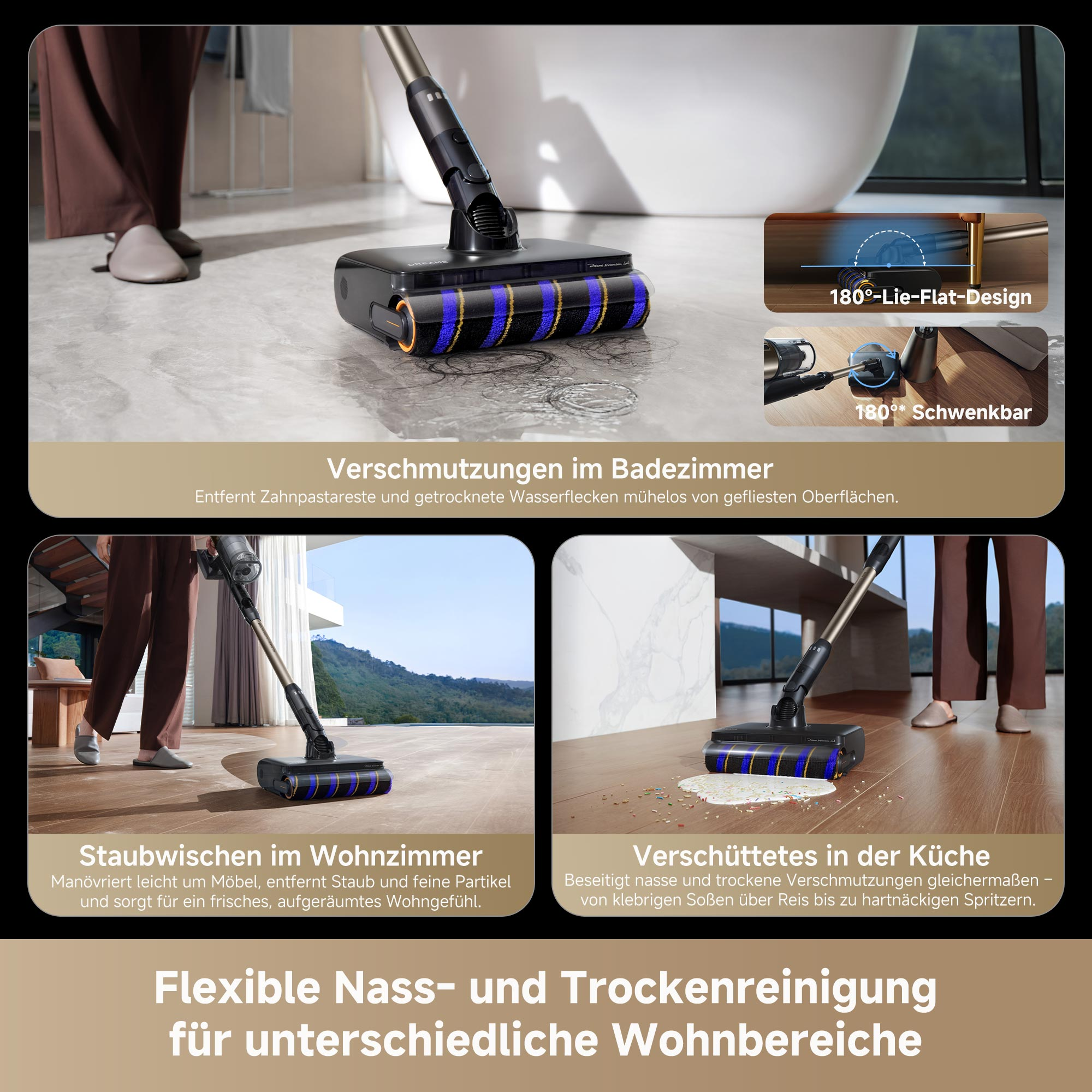 Ein kabelloser Staubsauger reinigt Böden in verschiedenen Räumen wie Bad, Wohnzimmer und Küche.