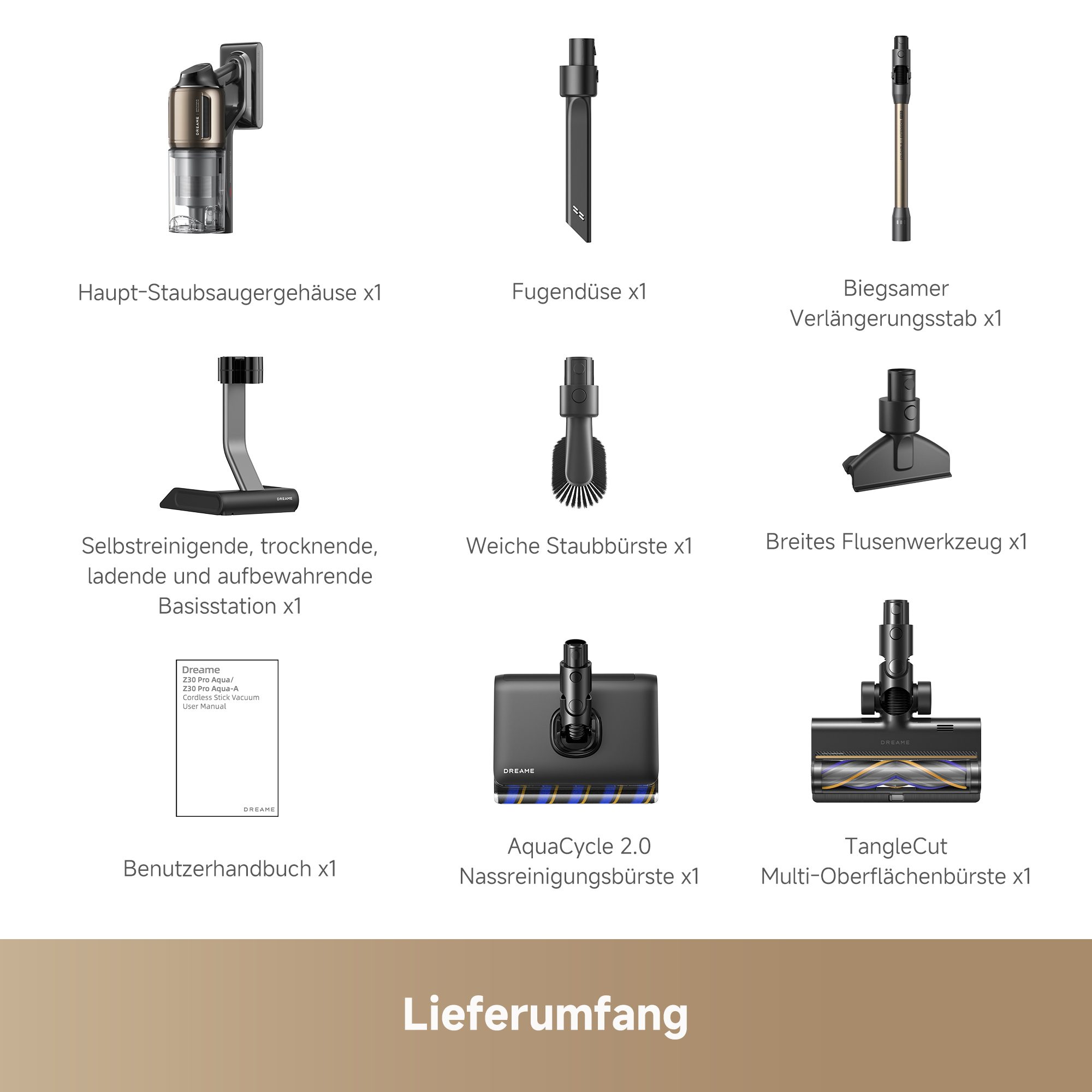 Übersicht des Lieferumfangs eines Staubsaugers mit verschiedenen Bürsten, Zubehörteilen und Basisstation.