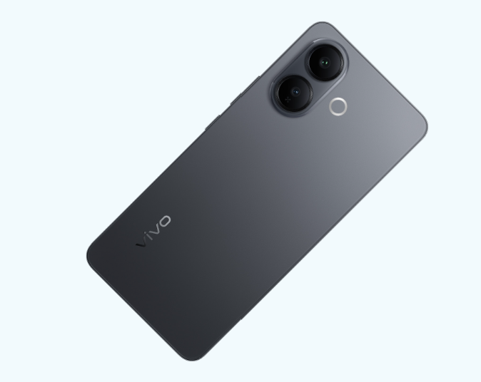 Rückseite eines grauen Vivo-Smartphones mit zwei vertikalen Kameras und dem Vivo-Logo auf einem hellen Hintergrund.