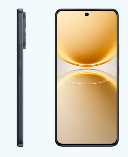 Ein Smartphone mit goldenem Hintergrundbild zeigt Vorder- und Seitenansicht auf hellem Grund.