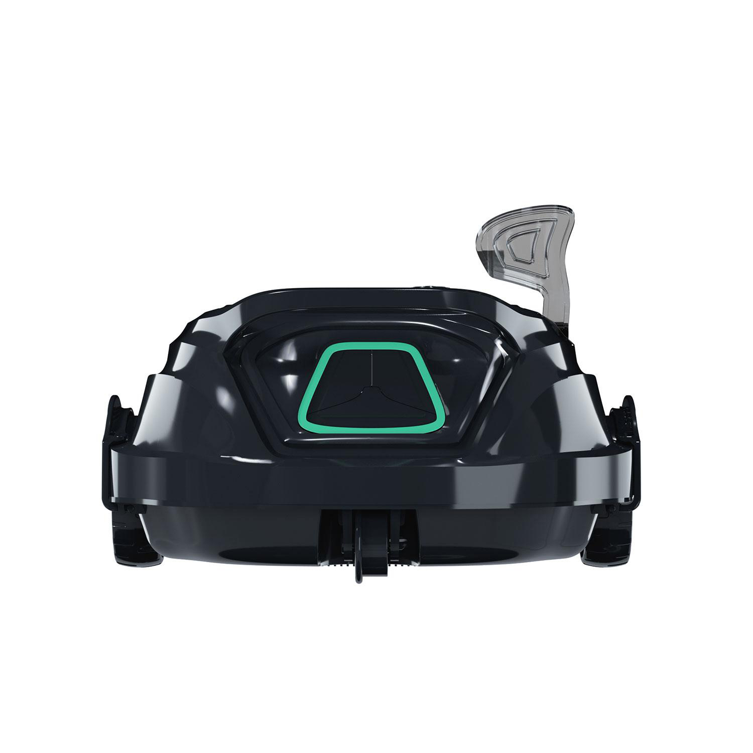 Ein schwarzer Roboter mit grünem Licht und einem transparenten Haltegriff auf weißem Hintergrund.