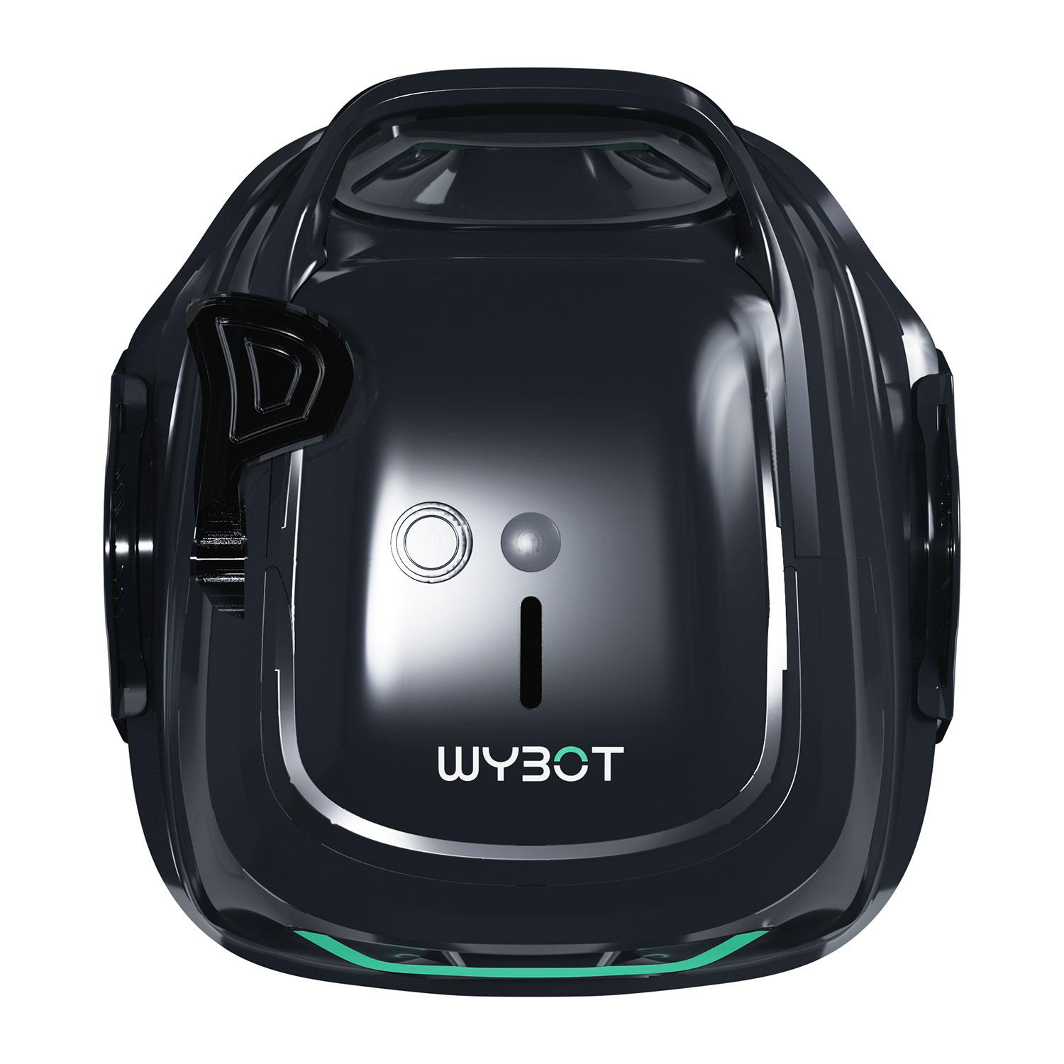 Glänzender, schwarzer Wybot-Roboter mit runden Tasten, Griff und heller Cyan-Leiste vorne.