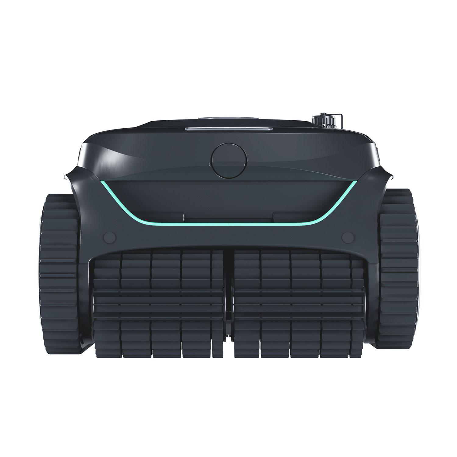 Ein schwarzer Roboter mit Raupenketten und einer hellblauen LED-Leiste auf weißem Hintergrund.