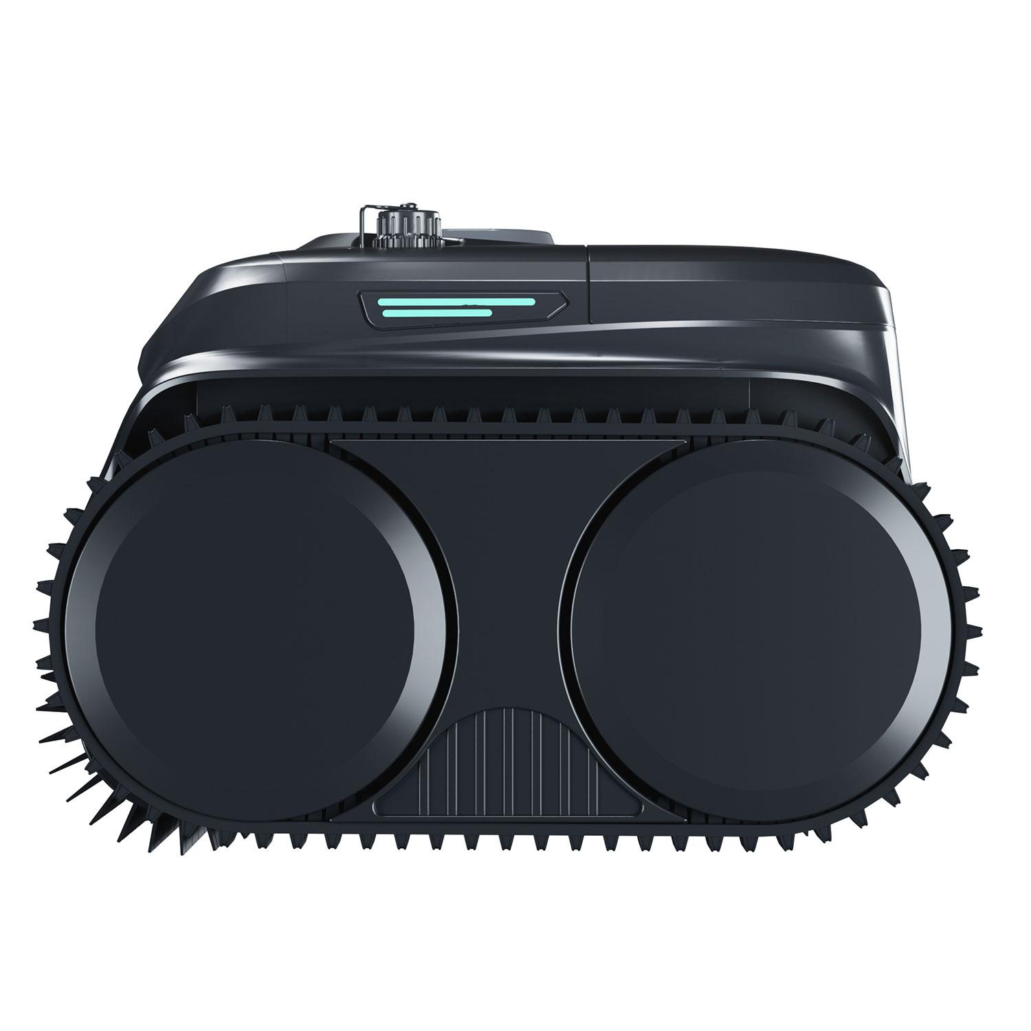 Ein schwarzer Roboter mit zwei großen Rädern und Stacheltreifen auf einem weißen Hintergrund.