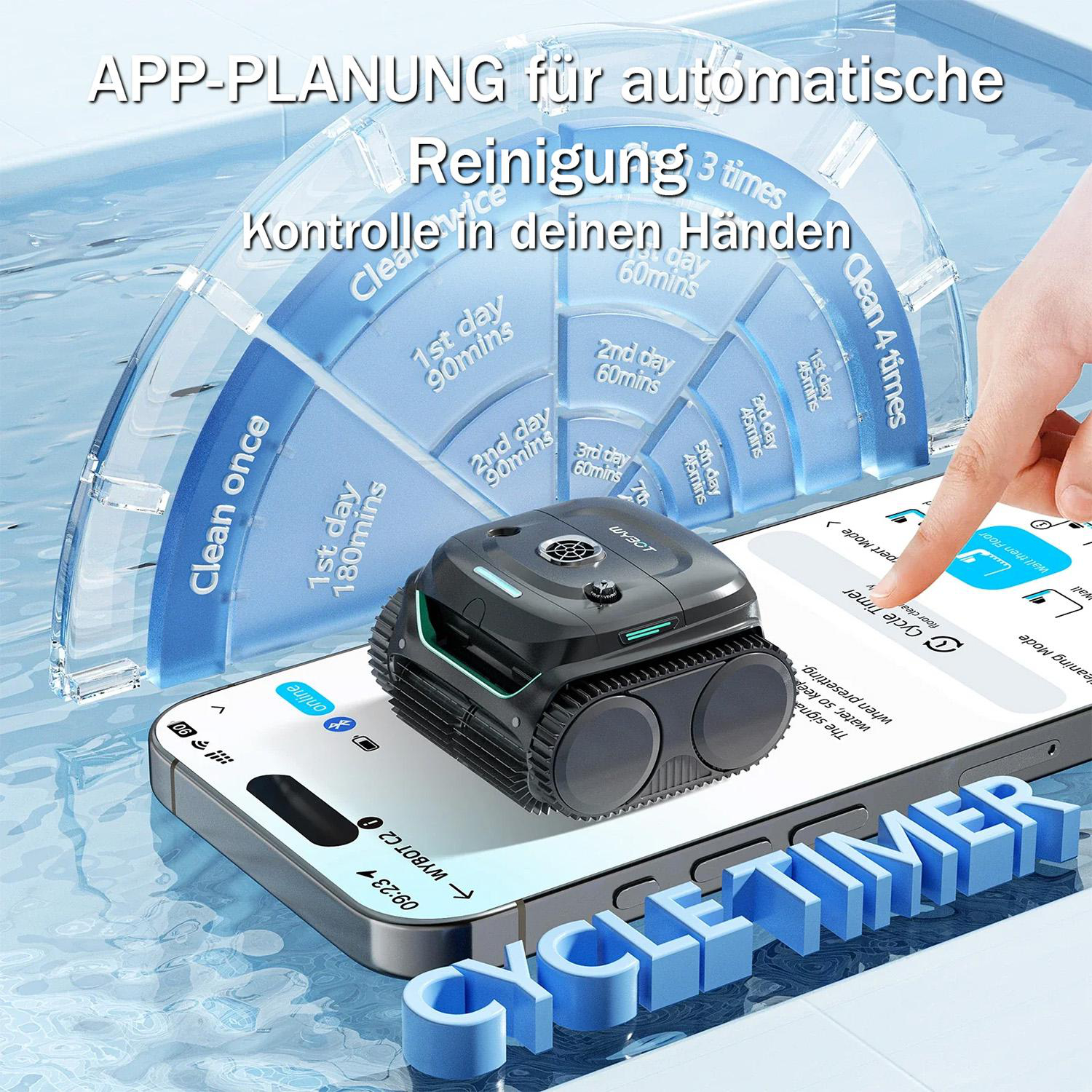 Eine Hand tippt auf ein Smartphone, das eine Roboter-Poolreiniger-App und einen Zyklus-Timer anzeigt.