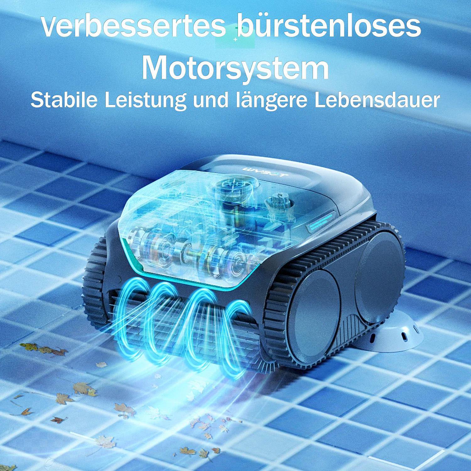 Ein Poolreinigungsroboter mit Raupenketten auf blauem Fliesenboden zeigt die innere Motormechanik.