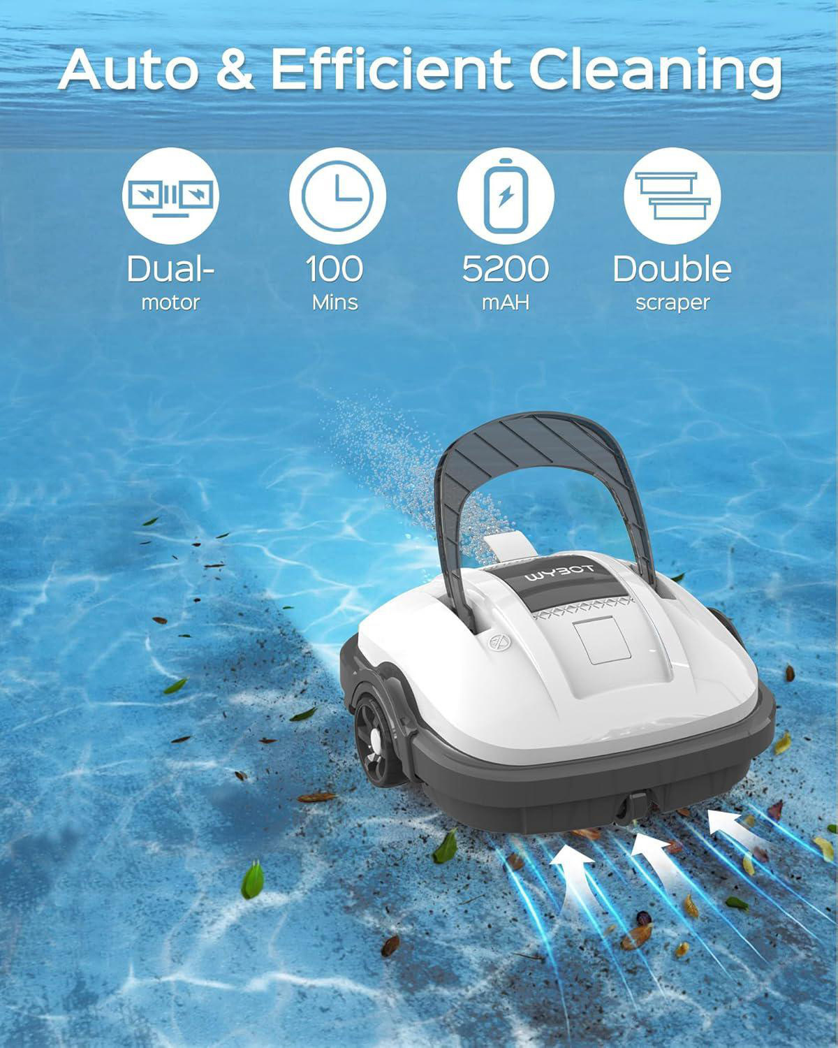 Ein weiß-grauer Poolreiniger reinigt den Boden, begleitet von Symbolen für Dual-Motor, Akku und Schaber.