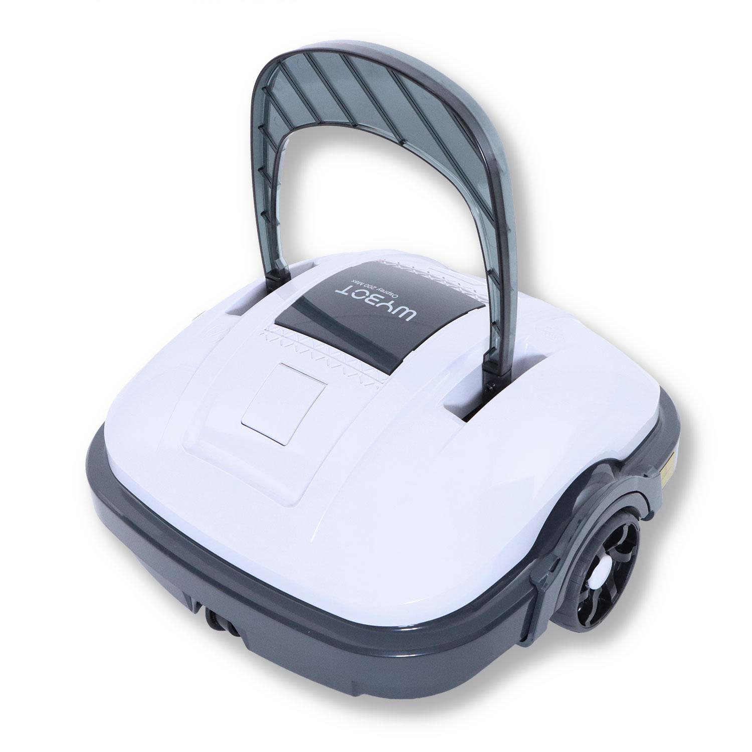 Ein weiß-grauer, kabelloser Poolreinigungsroboter mit aufrechtem, dunklem Griff auf weißem Hintergrund.