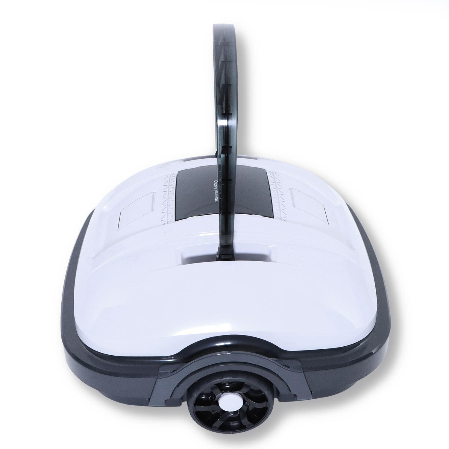 Ein weiß-grauer Poolreiniger Roboter mit schwarzem Griff und Vorderrad auf weißem Hintergrund.
