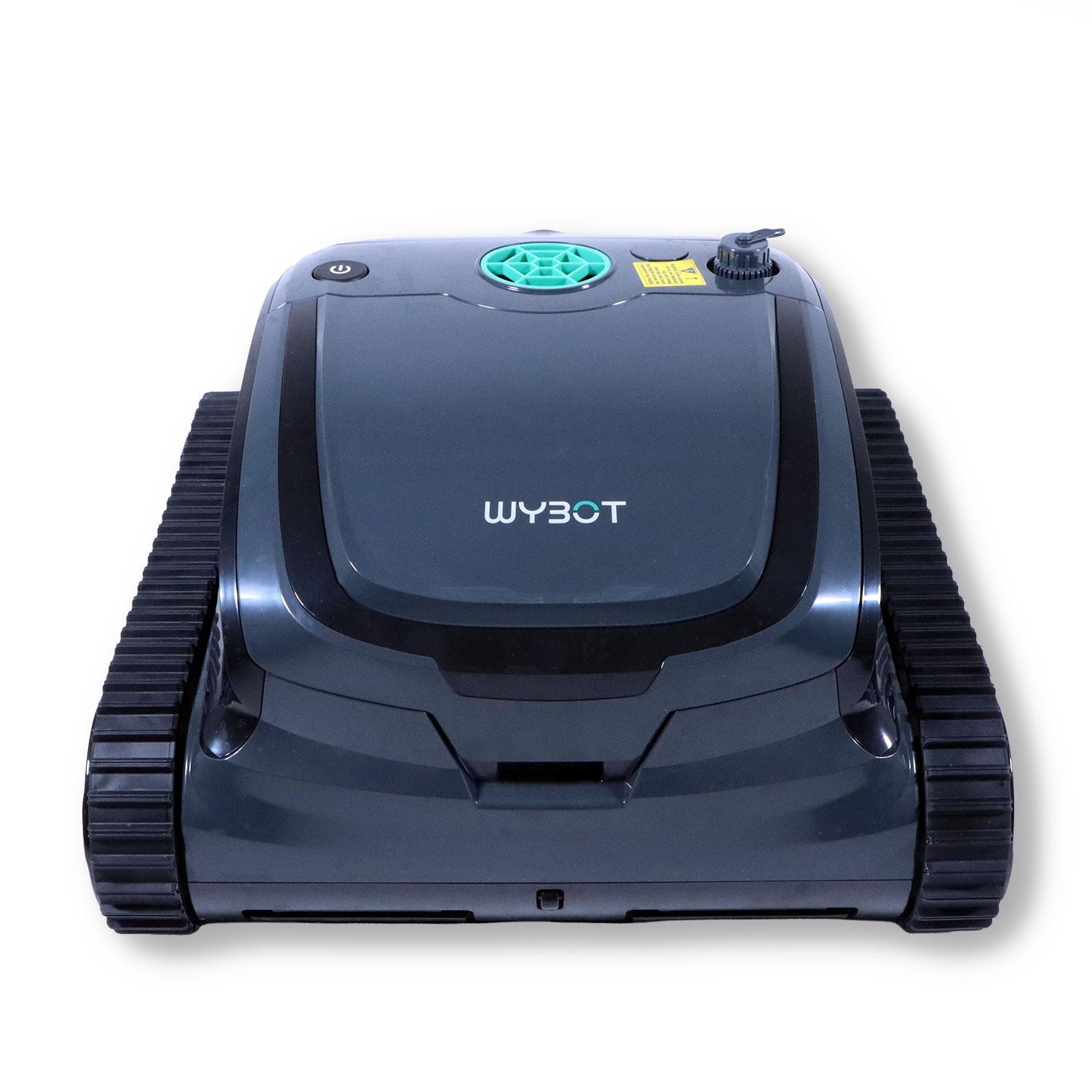 Grauer Wybot Poolroboter mit schwarzen Ketten und türkisfarbenen Details vor weißem Hintergrund.